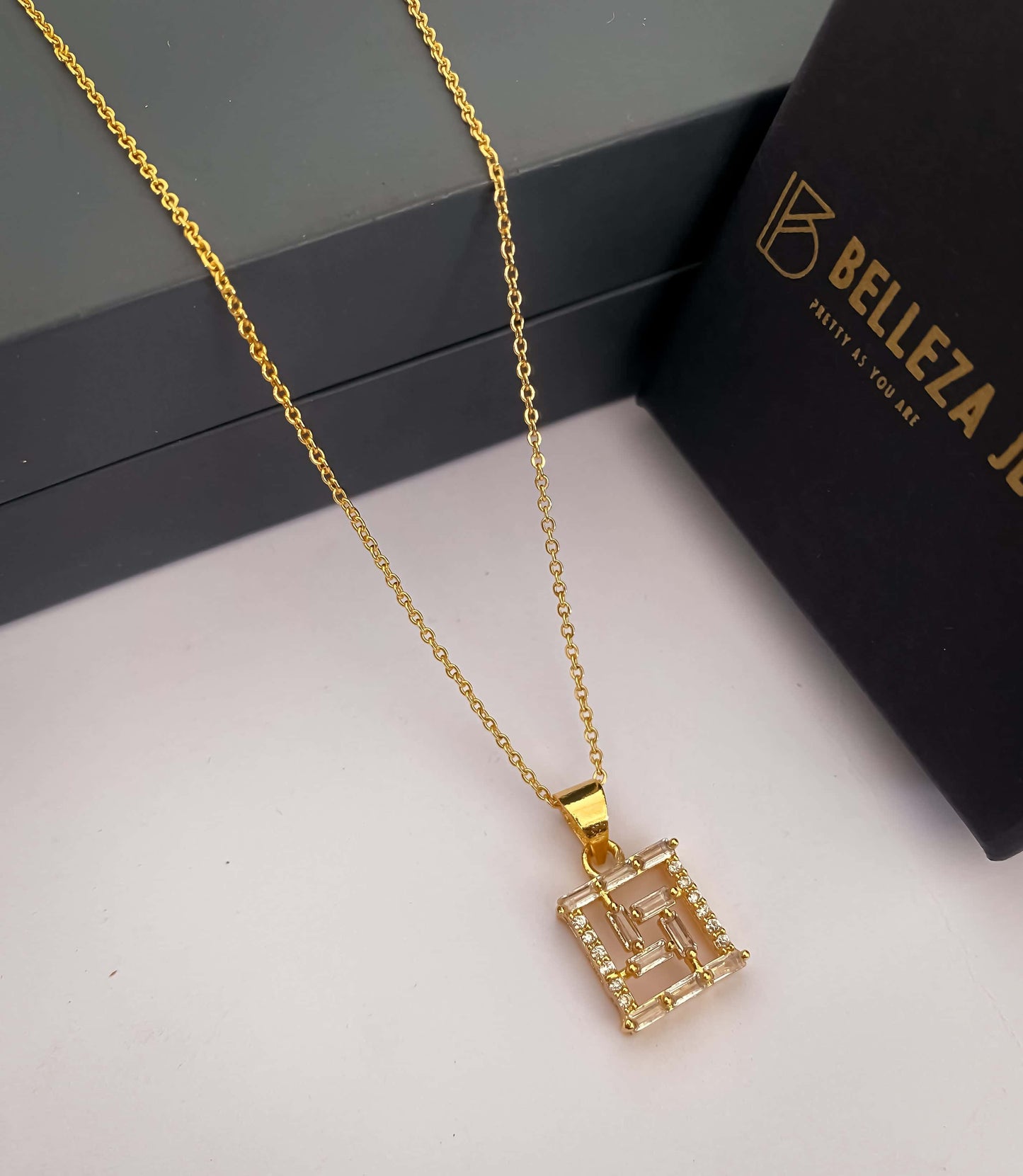 American Diamond Gold Plated Fancy Delicate Chain Pendent Necklace - Chain Pendal - Belleza Jewels