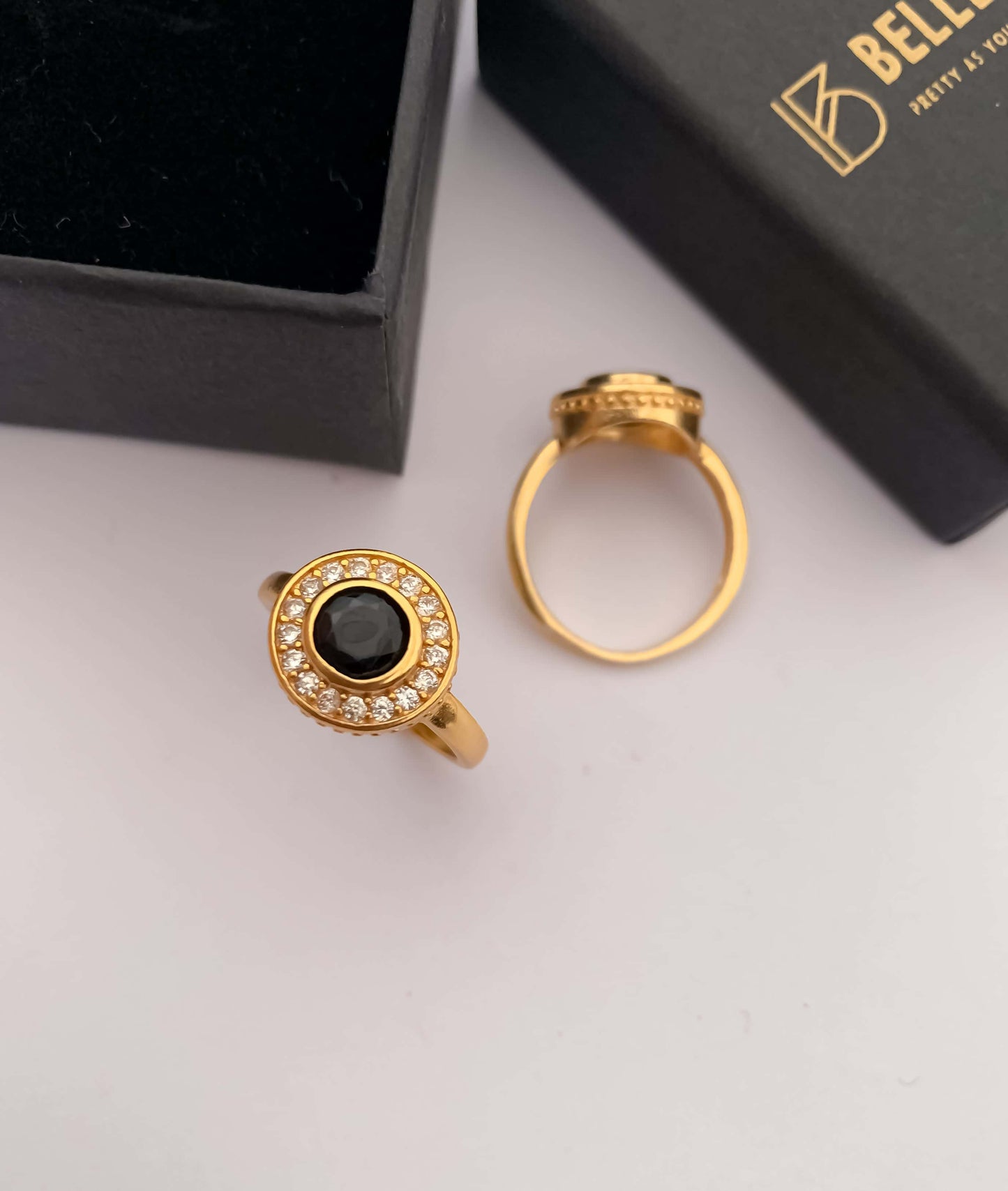 American Diamond High gold round black delicate ring - finger ring - Belleza Jewels