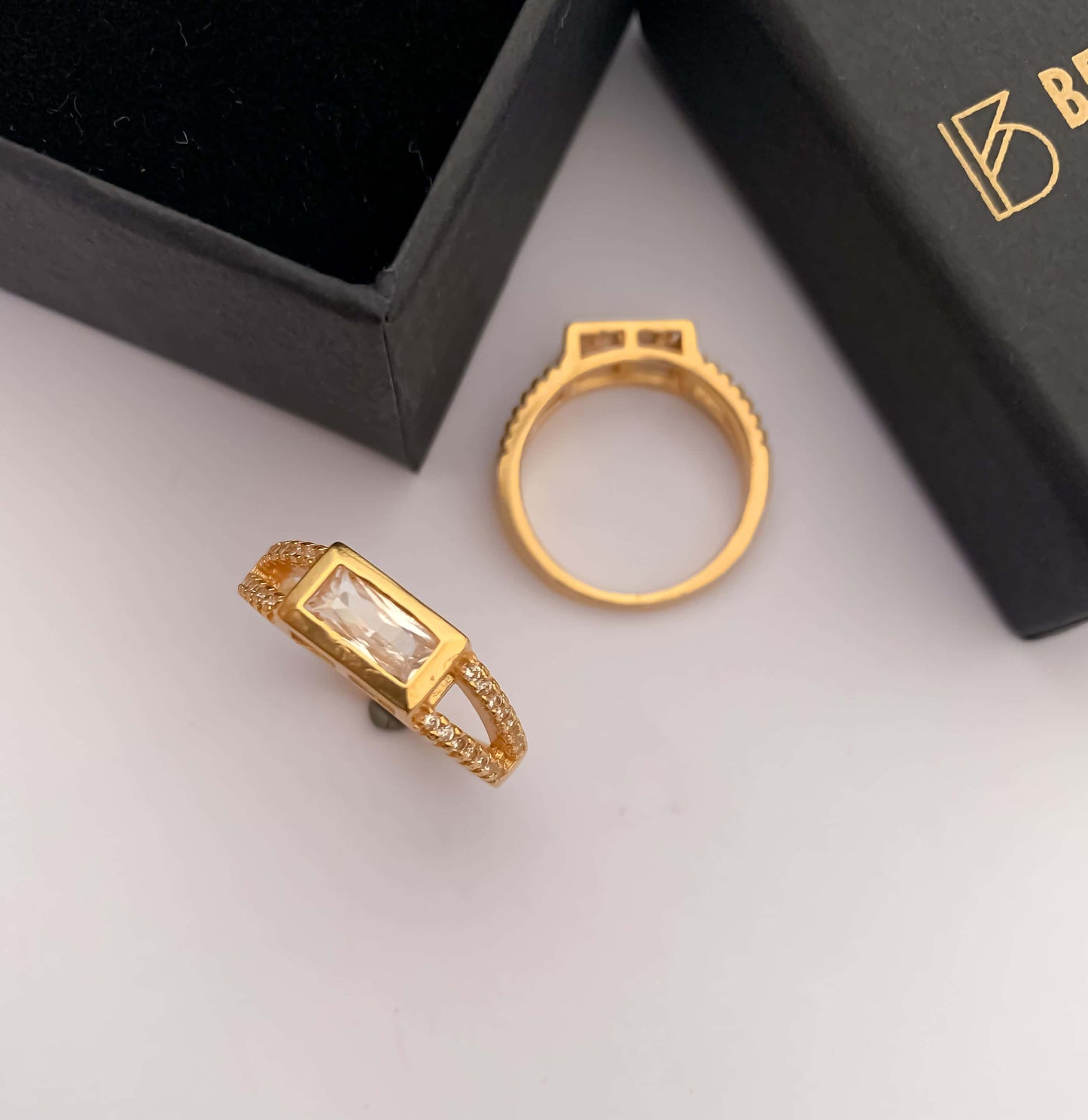 American Diamond high gold rectangle shape delicate fancy ring. - finger ring - Belleza Jewels