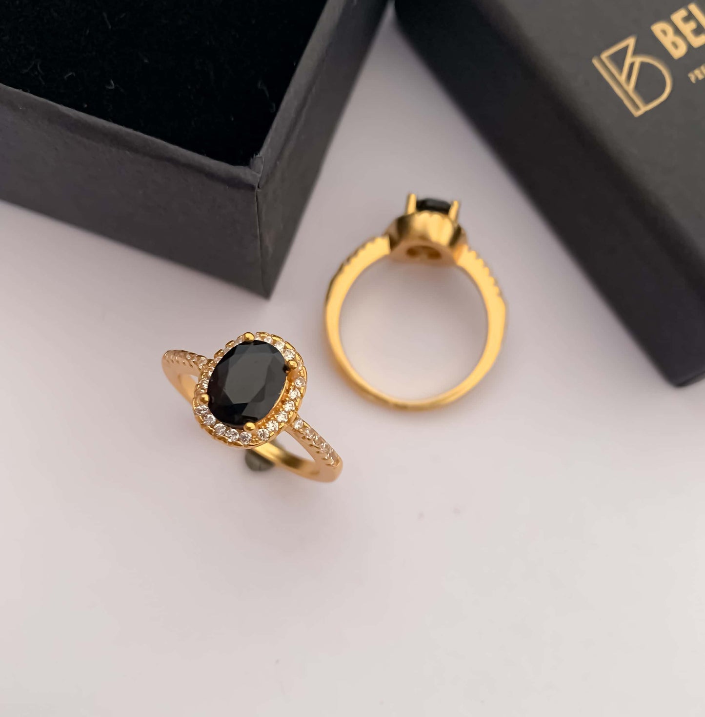 American Diamond high gold oval shape black delicate ring. - finger ring - Belleza Jewels