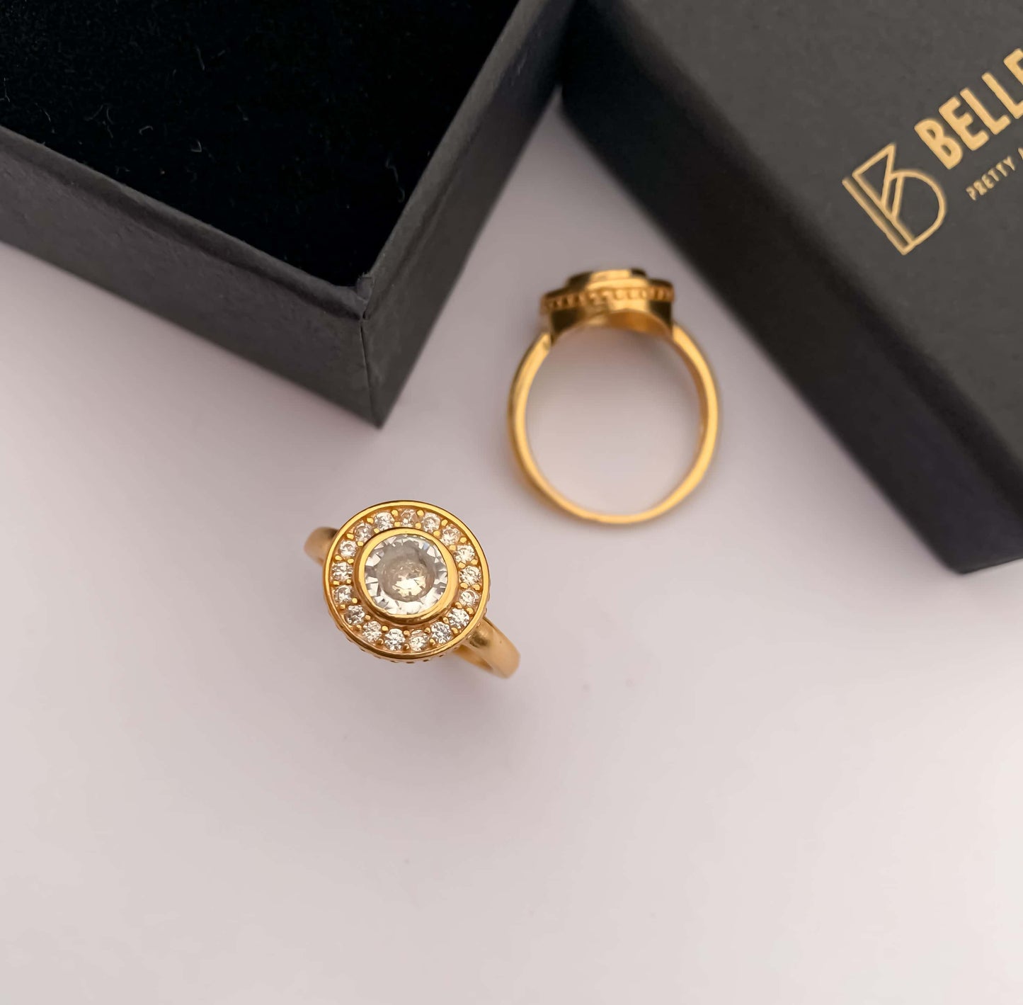American Diamond round shape fancy high gold ring. - finger ring - Belleza Jewels