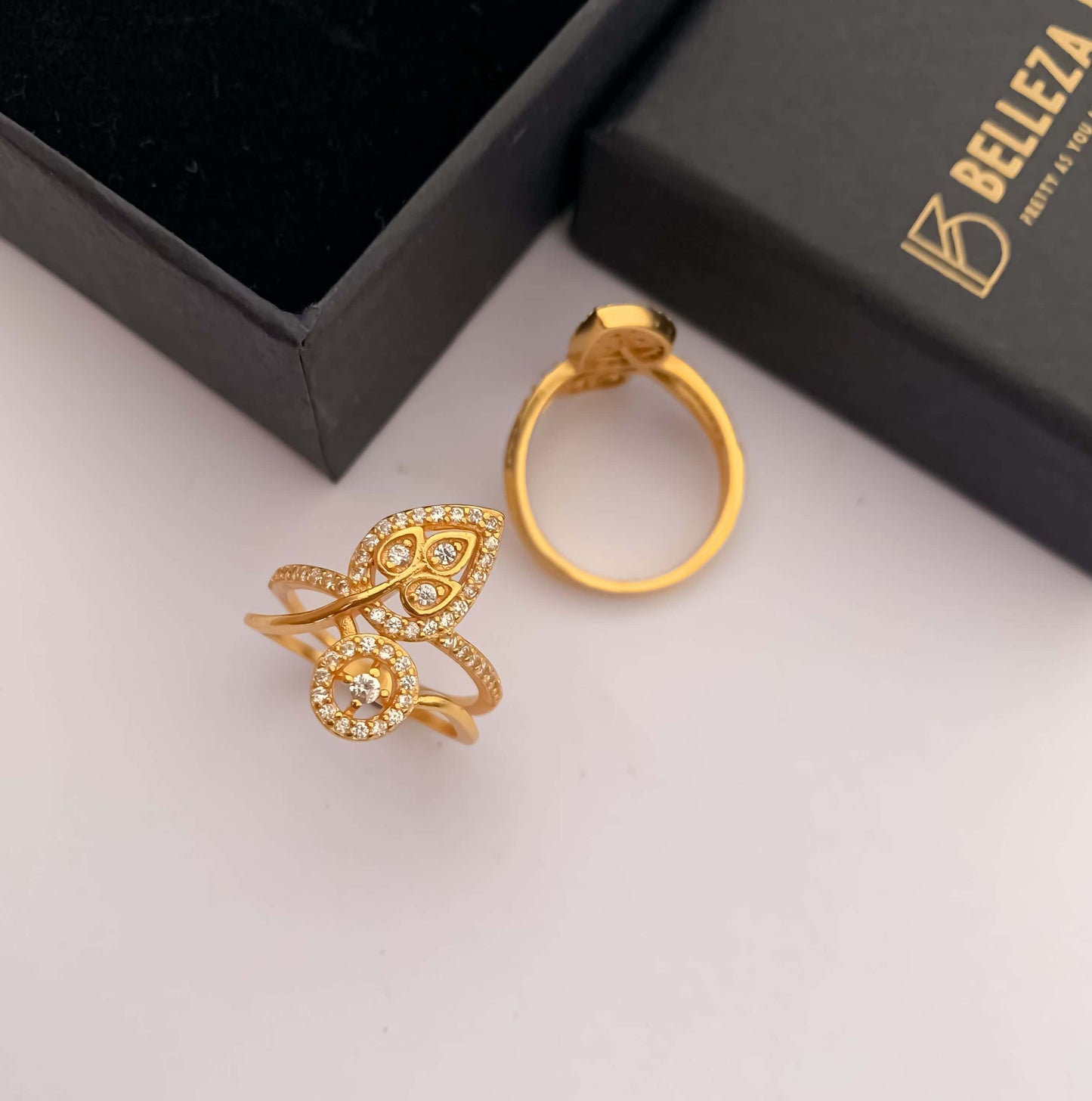 American Diamond high gold leaves &round shape fancy ring . - finger ring - Belleza Jewels