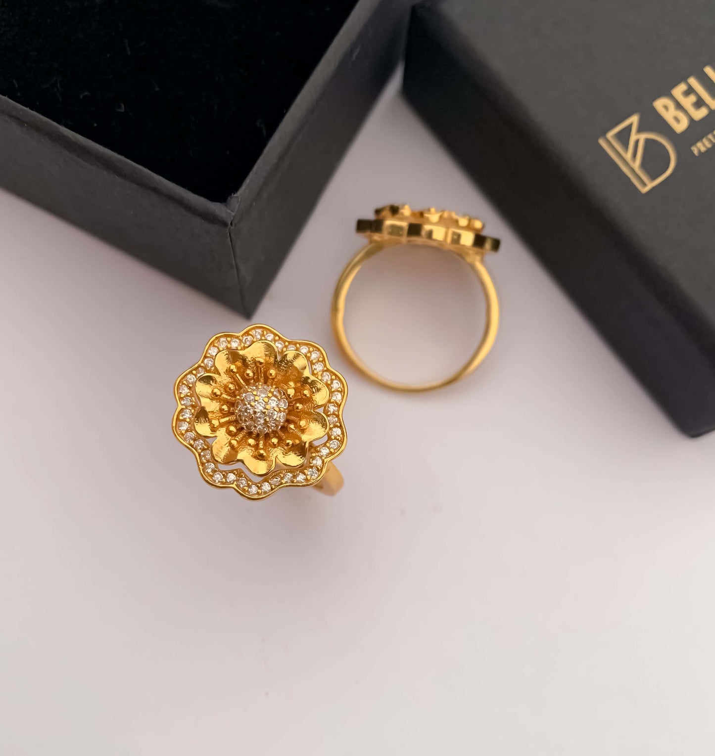 American Diamond High gold Flower shape delicate ring - finger ring - Belleza Jewels