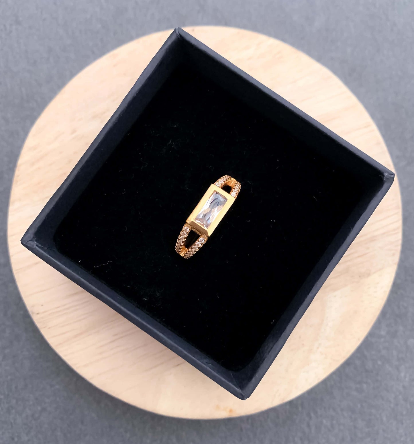 American Diamond high gold rectangle shape delicate fancy ring. - finger ring - Belleza Jewels
