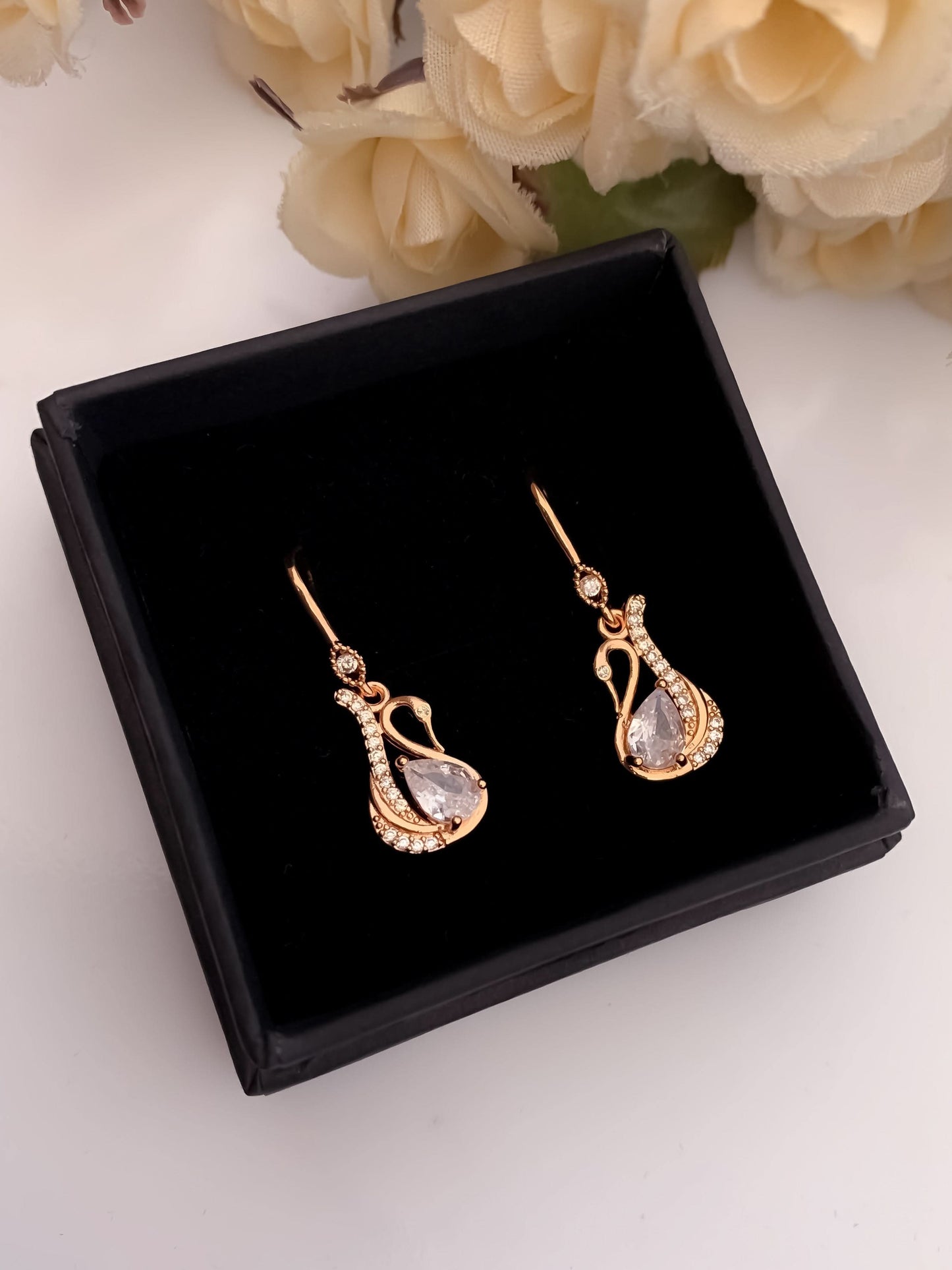 BUY 1 GET 1 FREE -American Diamond Rose Gold Swan Shape Hanging Fancy Earrings - Earrings - Belleza Jewels