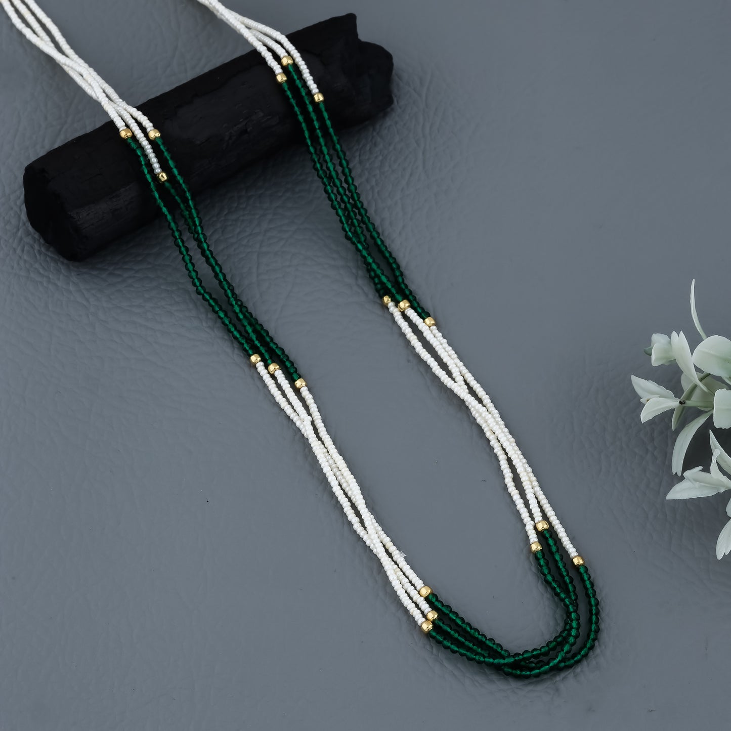 Crystal Green Color 3 Line Length 18 Inch Fancy Mala - Western Mala Set - Belleza Jewels