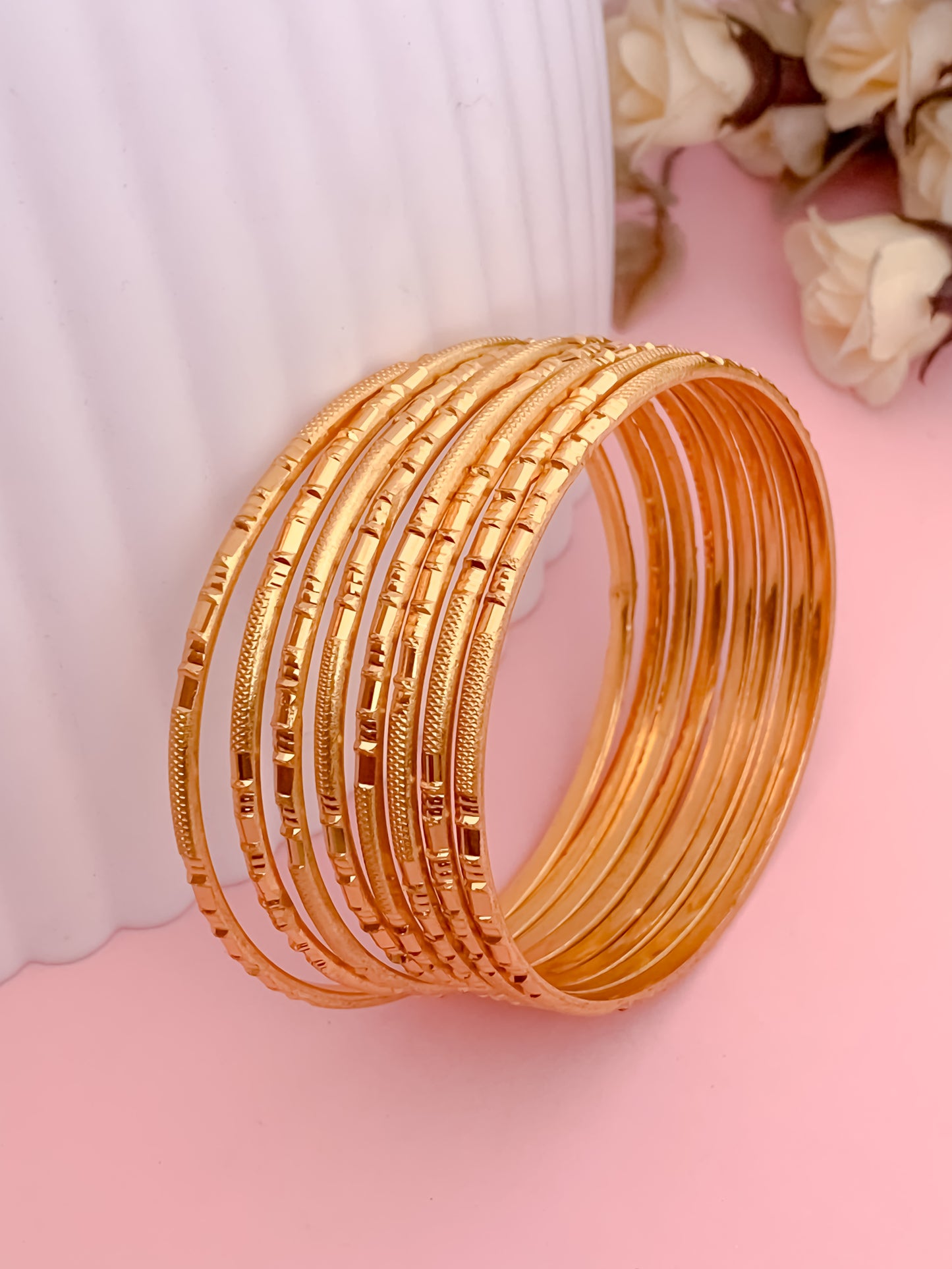 Buy 1 Get 1 Free-Fancy High Gold Delicate Bangles (Set of 8) - Bangles - Belleza Jewels