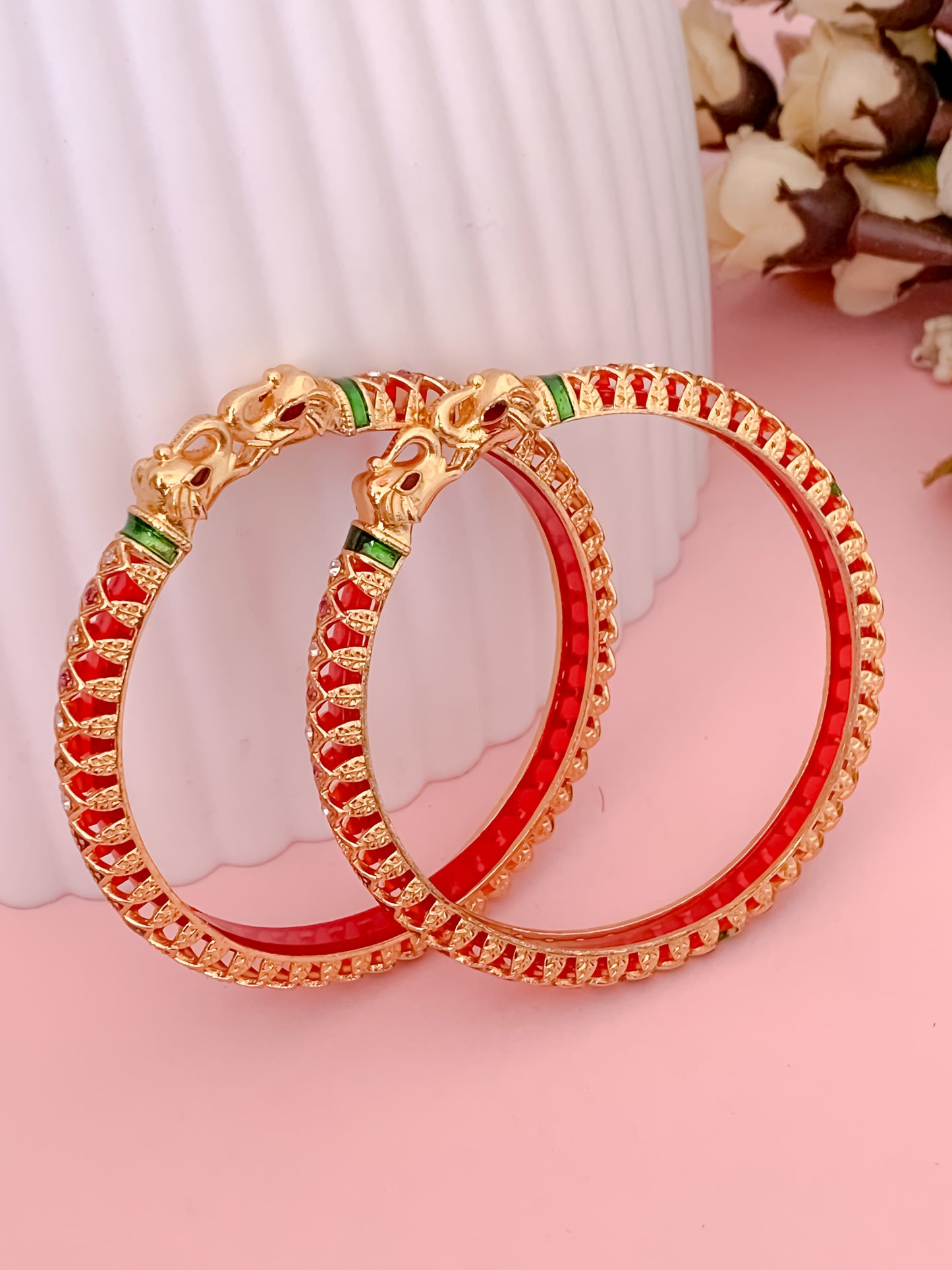 Buy 1 Get 1 Free- Fancy High Gold Ruby Green Elephant Delicate Bangles (Set of 2) - Bangles - Belleza Jewels