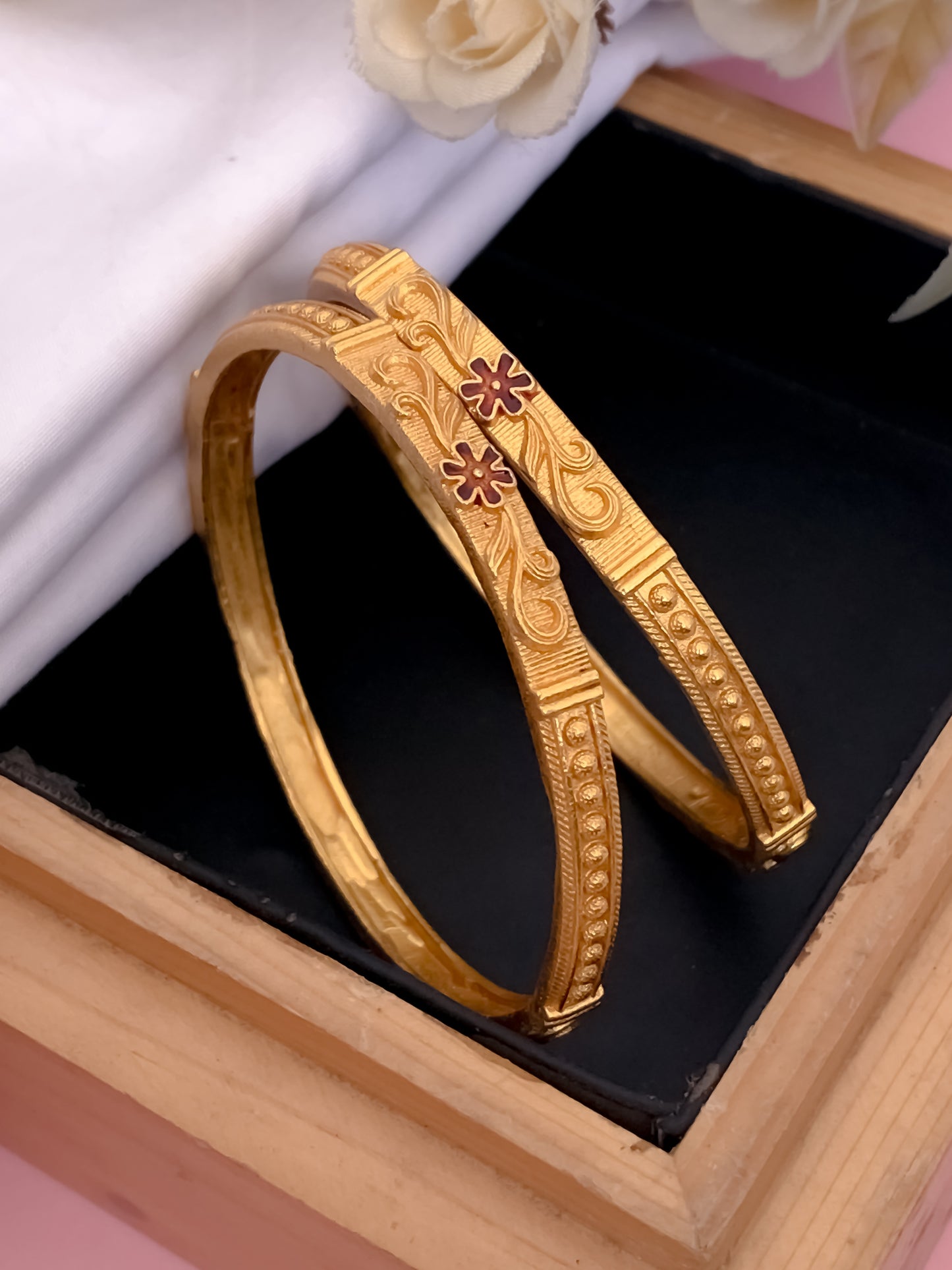 Buy 1 Get 1 Free- Fancy High Gold Flowers Delicate Bangles (Set of 2) - Bangles - Belleza Jewels