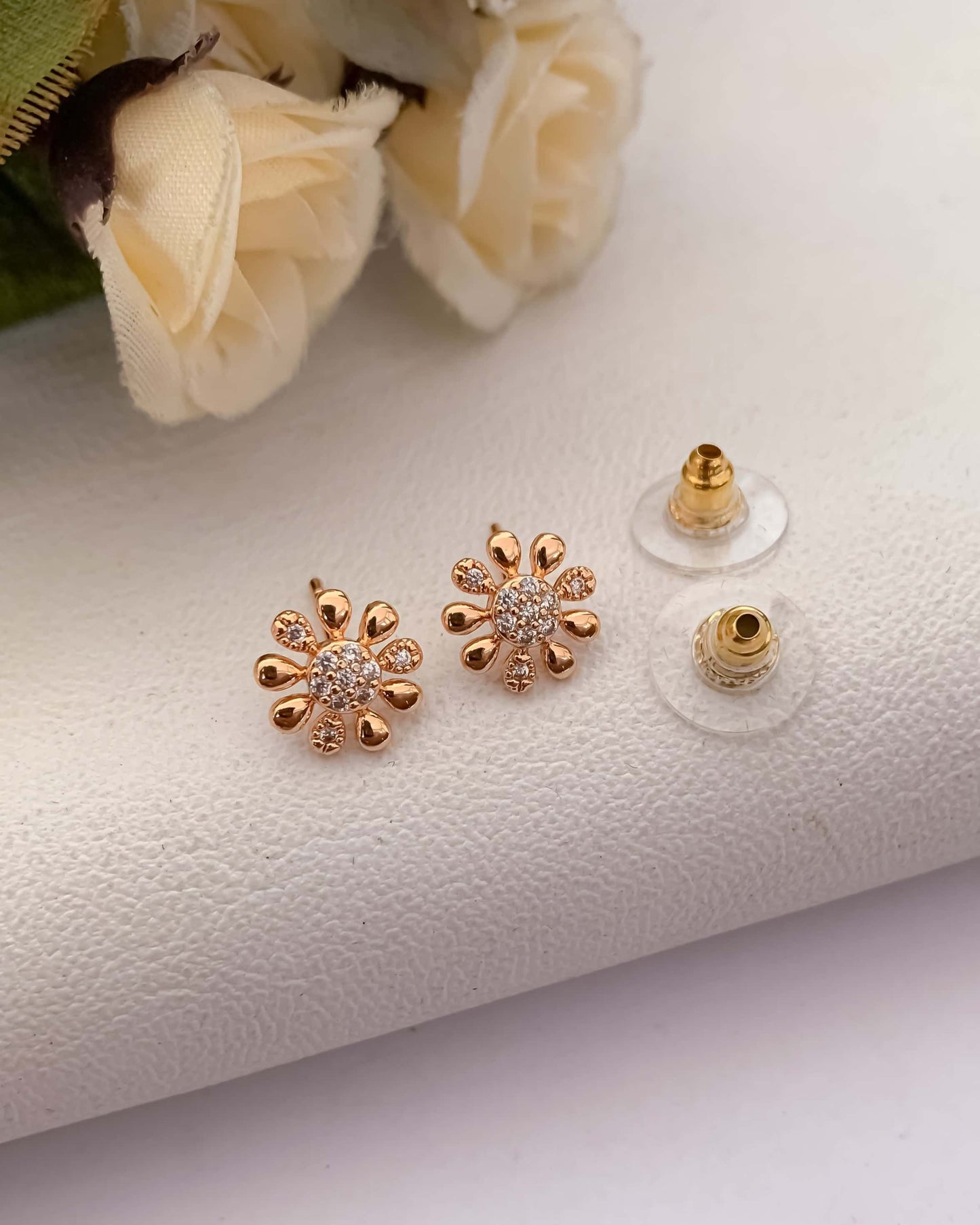 BUY 1 GET 1 FREE -American Diamond Rose Gold Flower Shape Fancy Earrings - Earrings - Belleza Jewels