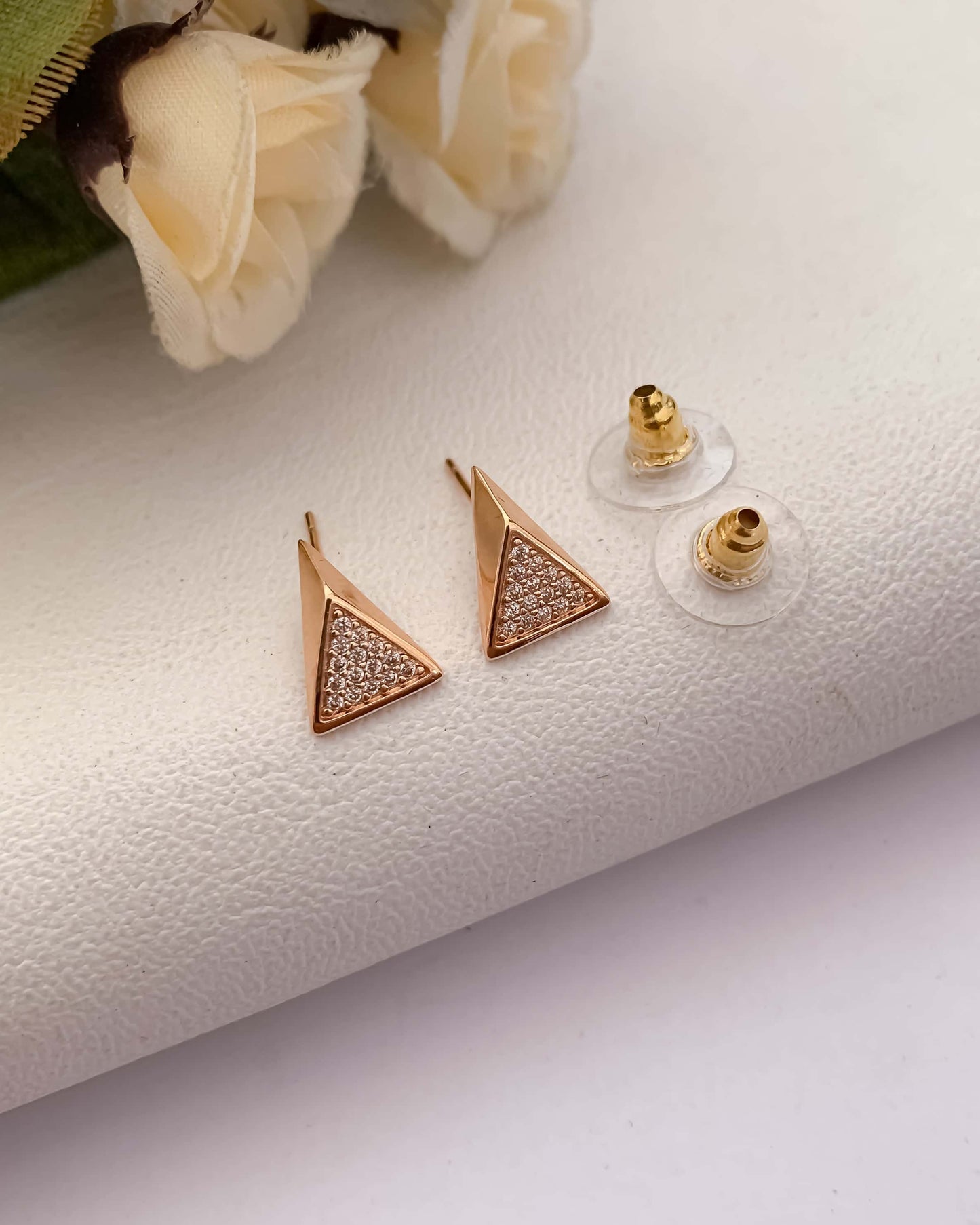 BUY 1 GET 1 FREE -American Diamond Rose Gold Tringle Shape Delicate Fancy Earrings - Earrings - Belleza Jewels