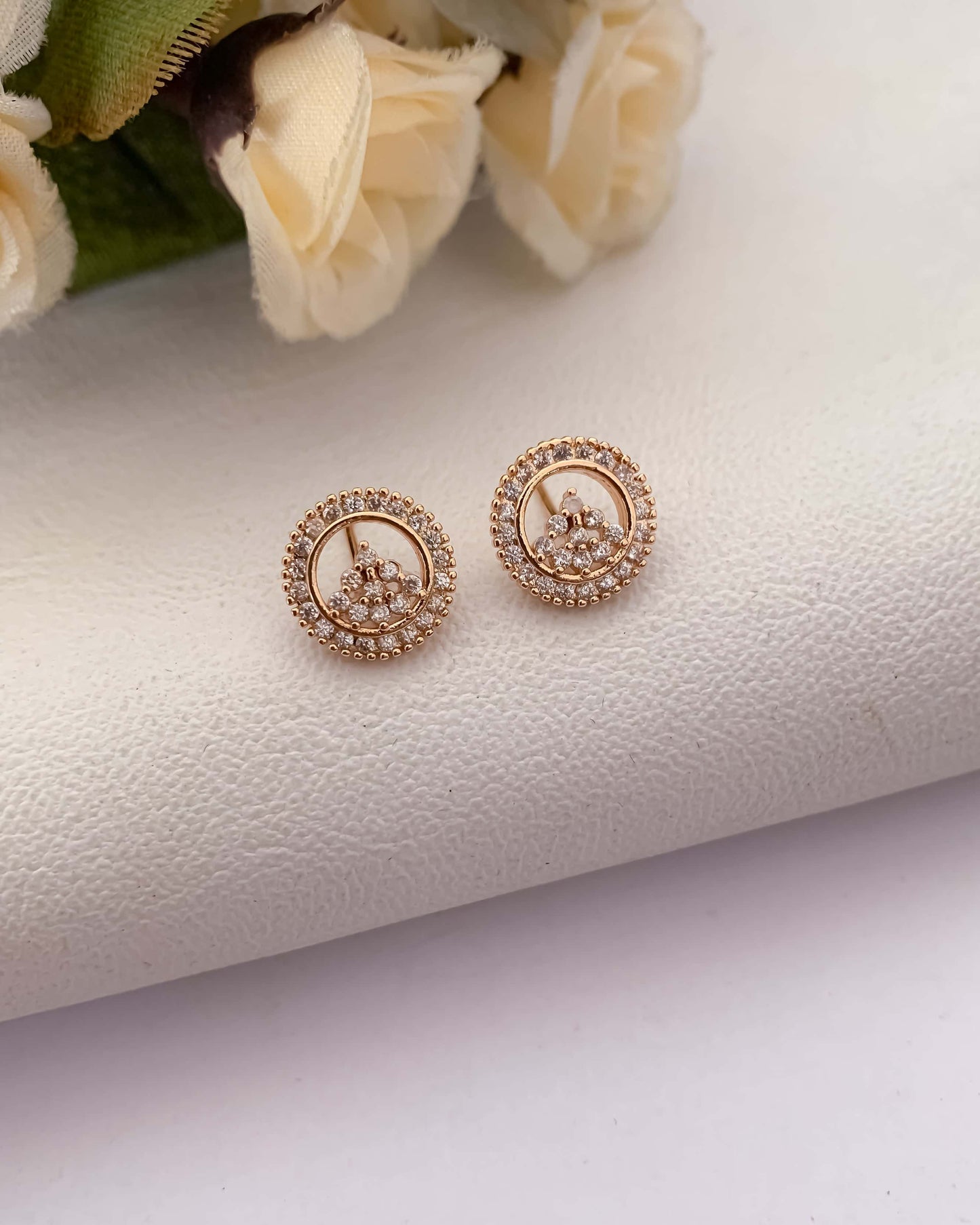 BUY 1 GET 1 FREE -American Diamond Rose Gold Round Shape Delicate Fancy Earrings - Earrings - Belleza Jewels