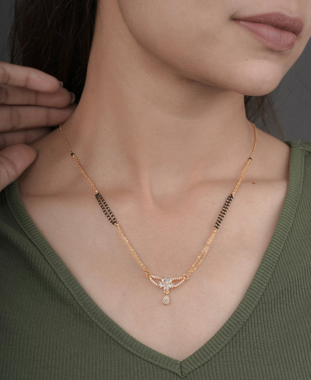 BUY 1 GET 1 FREE - American Diamond Flower Shape Gold Plated Mangalsutra - Mangalsutra - Belleza Jewels