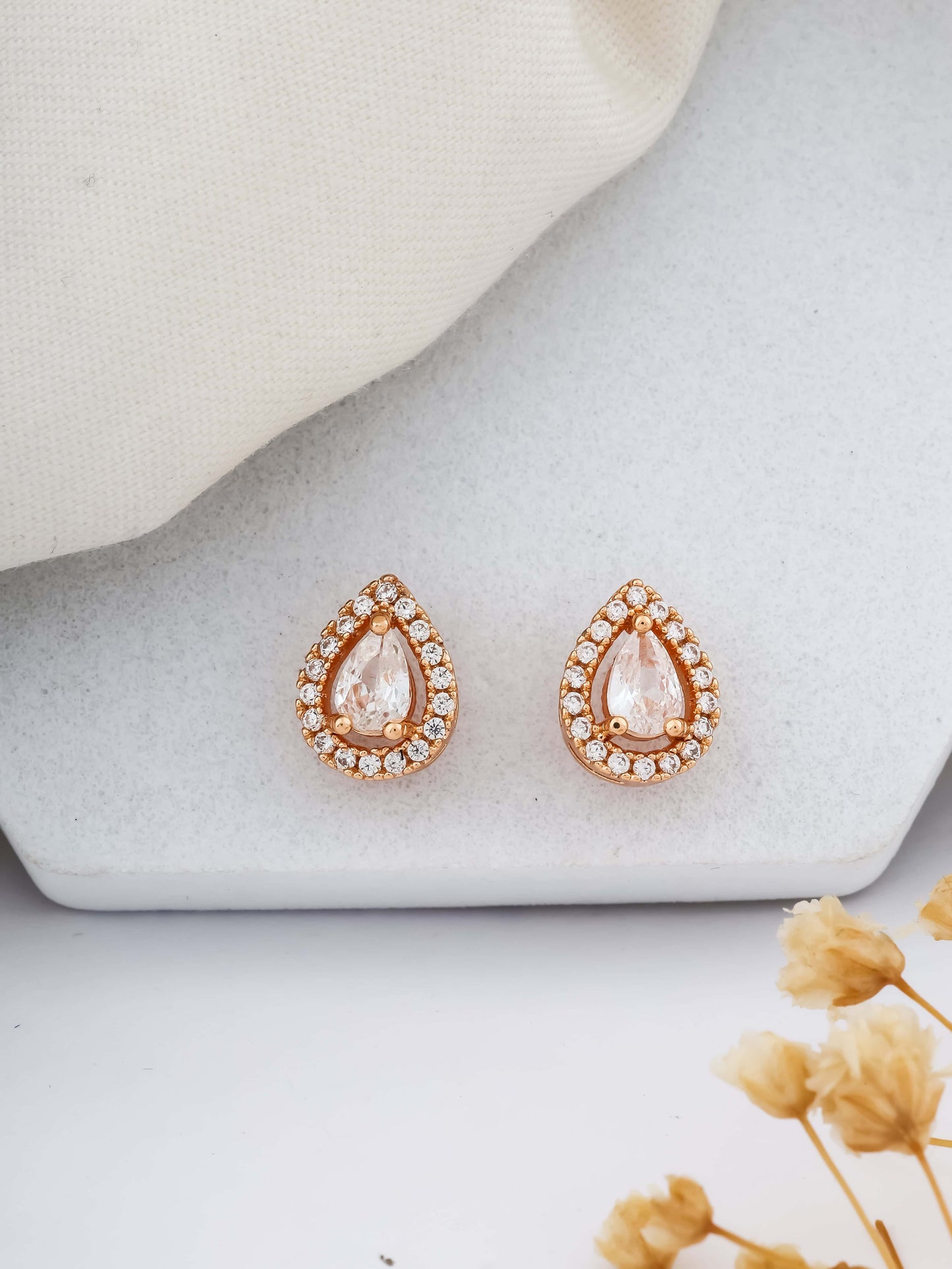 BUY 1 GET 1 FREE -American Diamond high rose gold Plated Leaves Earrings tops. - Earrings - Belleza Jewels
