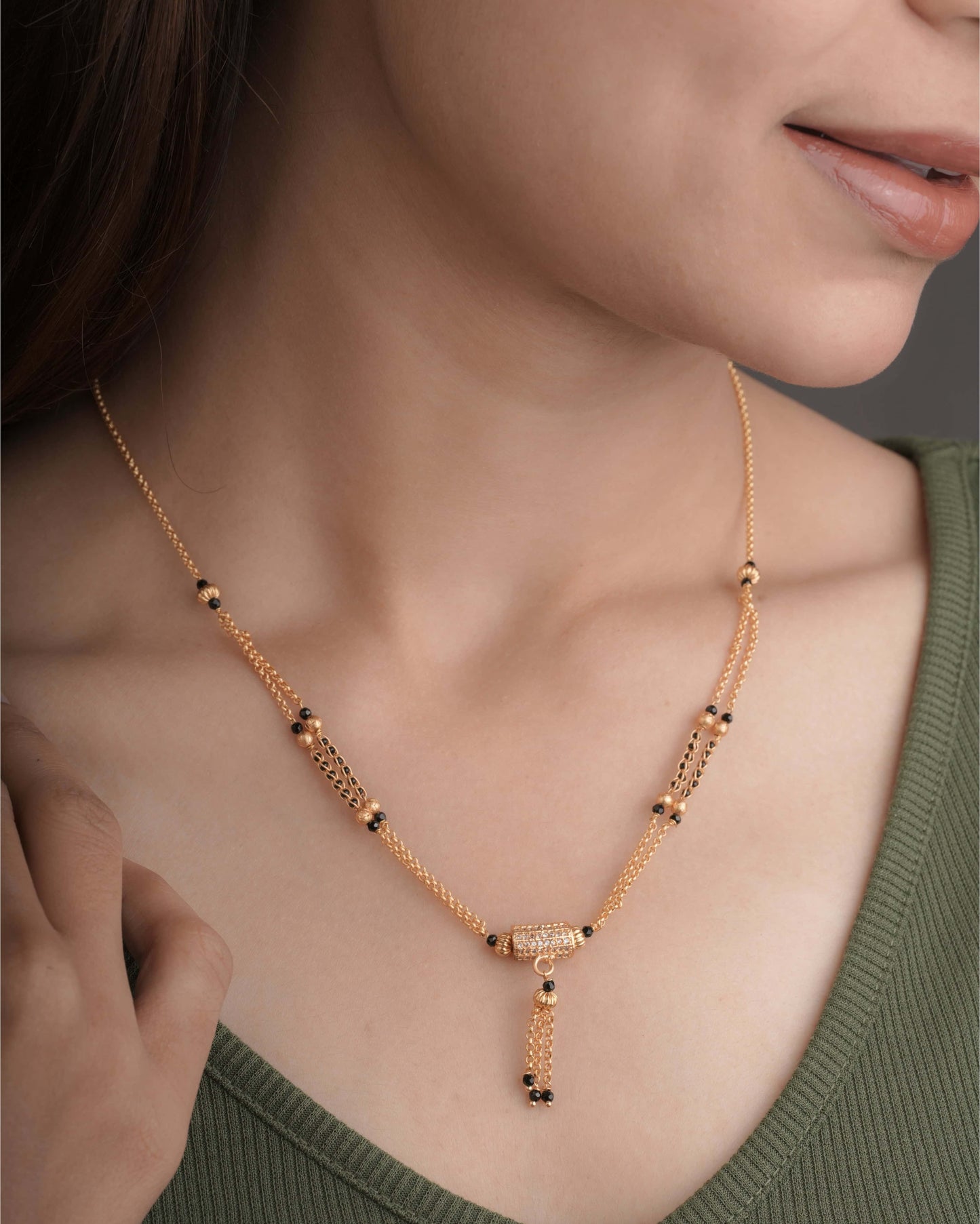 Buy 1 Get 1 Free American Diamond Matt Finished Original Gold Look Hanging fancy Delicate Mangalsutra - Mangalsutra - Belleza Jewels