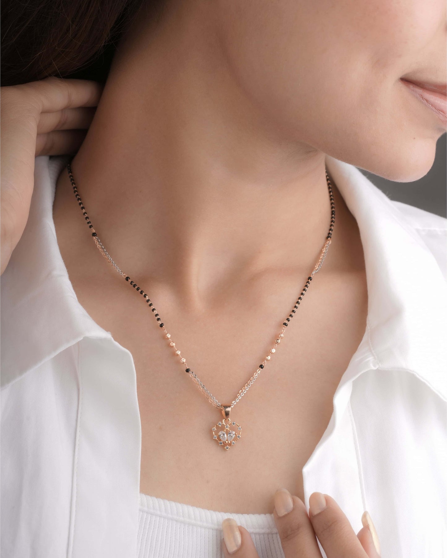 BUY 1 GET 1 FREE - American Diamond Rose Gold Plated Delicate Fancy Mnagalsutra - Mangalsutra - Belleza Jewels