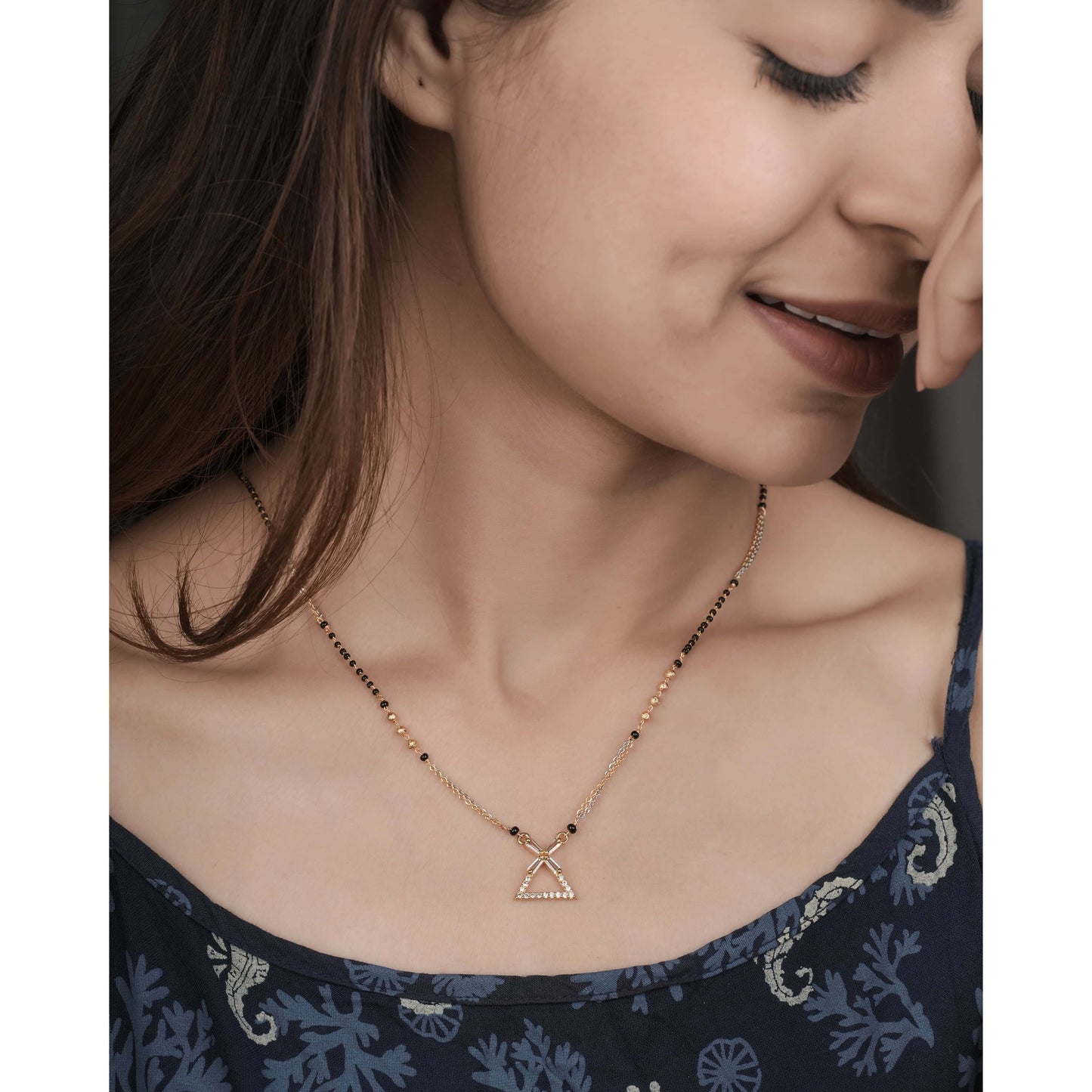 BUY 1 GET 1 FREE - American Diamond triangle shape Rose Gold Fancy Delicate Mangalsutra - Mangalsutra - Belleza Jewels