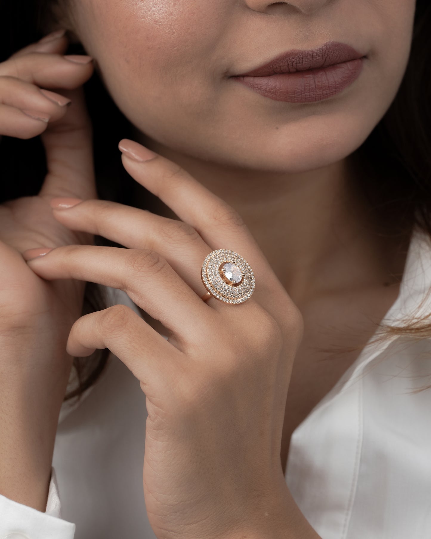 American Diamond Rose Gold Ovel Shape Adjustable Free Size Ring - finger ring - Belleza Jewels