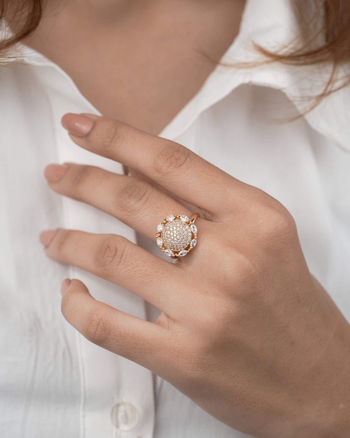 American Diamond Rose Gold Pleted Delicate Adjustable Free Size Ring - finger ring - Belleza Jewels