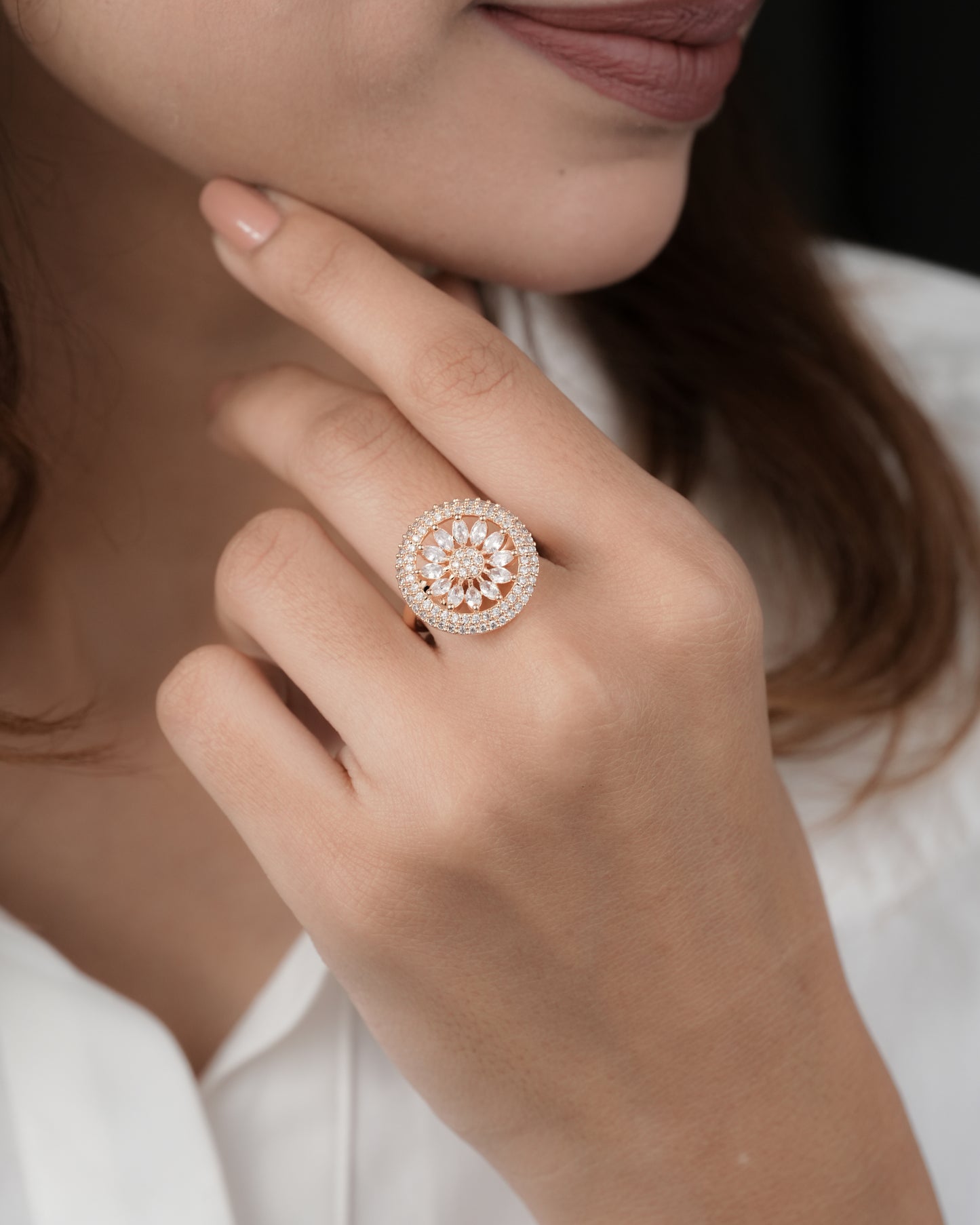 American Diamond Rose Gold Round Shape Adjustable Free Size Ring - finger ring - Belleza Jewels