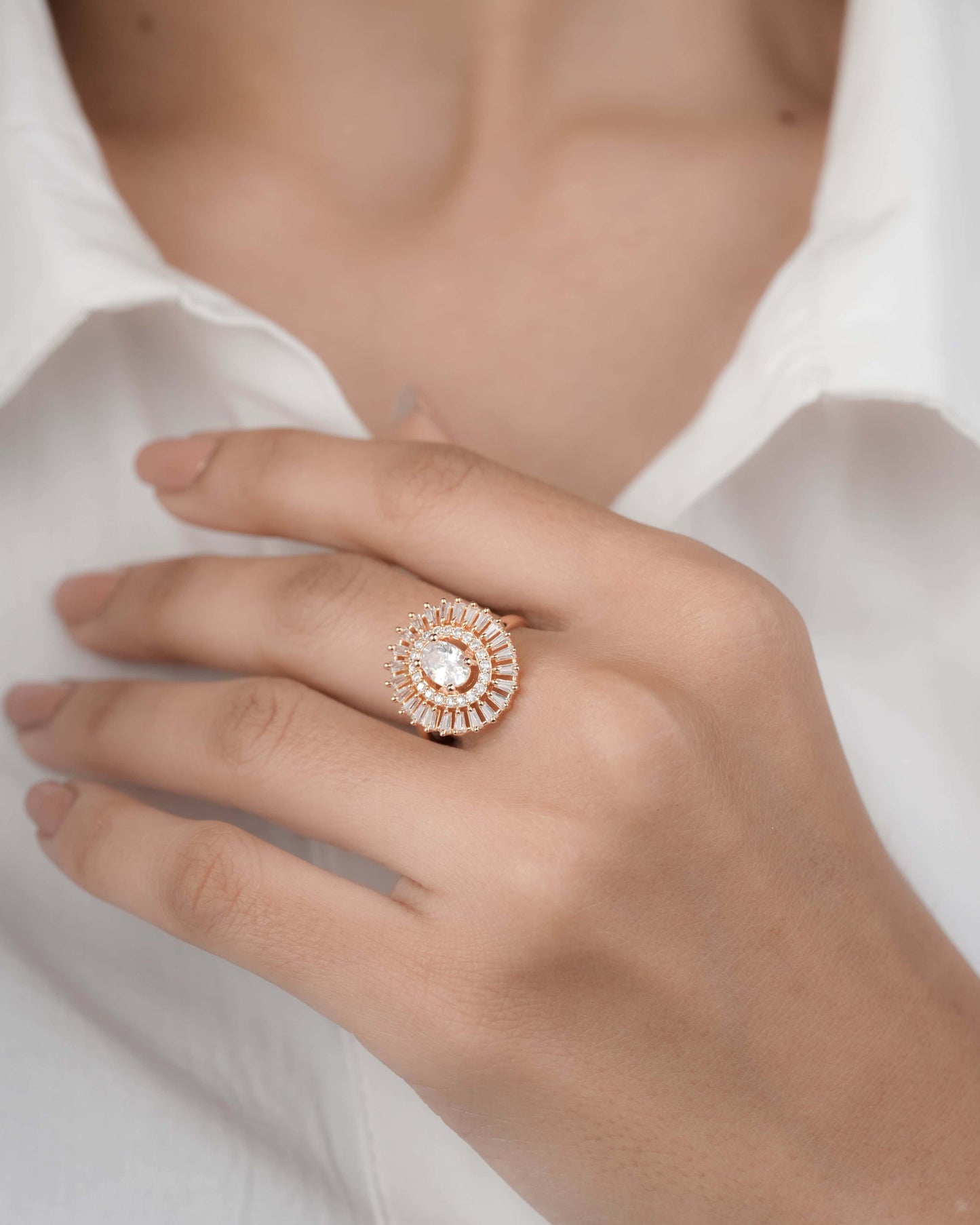 American Diamond Rose Gold Ovel Chowki Diamond Adjustable Free Size Ring - finger ring - Belleza Jewels