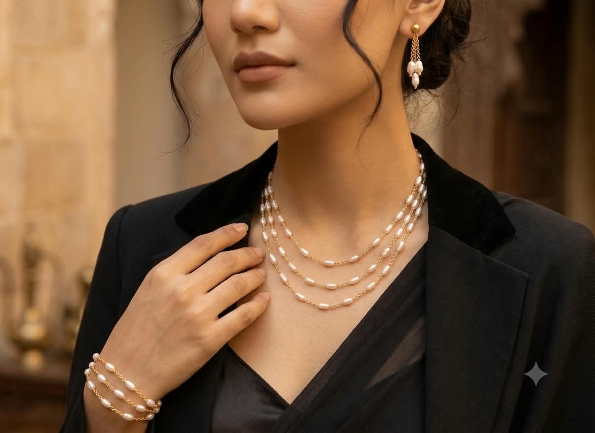 Gold-Tone Multi-Layer Pearl Necklace, Bracelet & Earrings Jewelry Set