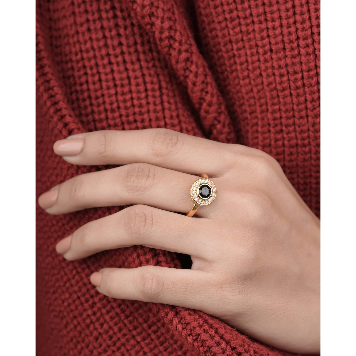 American Diamond High gold round black delicate ring - finger ring - Belleza Jewels