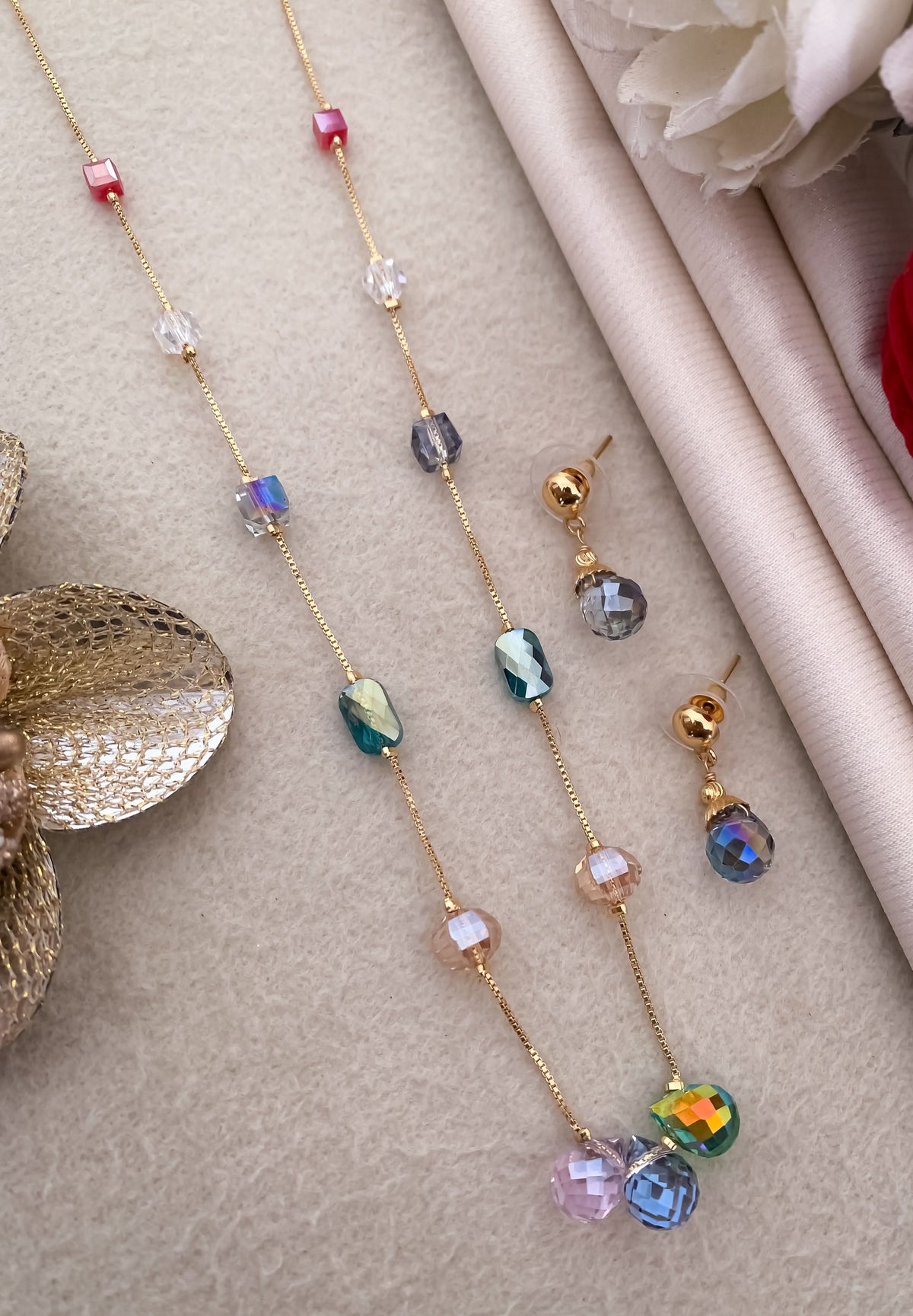 Crystal Multi Colour Fancy High Gold Western Mala Set - Western Mala Set - Belleza Jewels