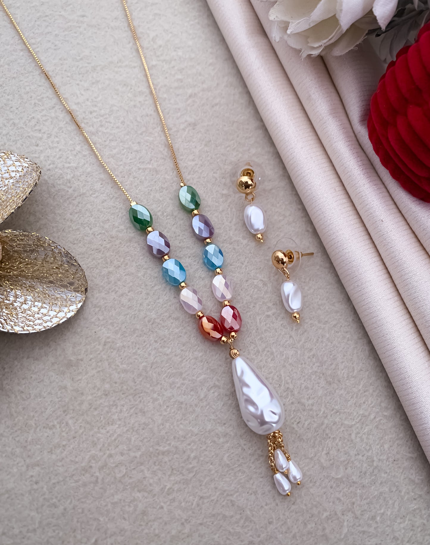 Multi Colour Fancy High Gold with Pearl Hanging Western Mala Set