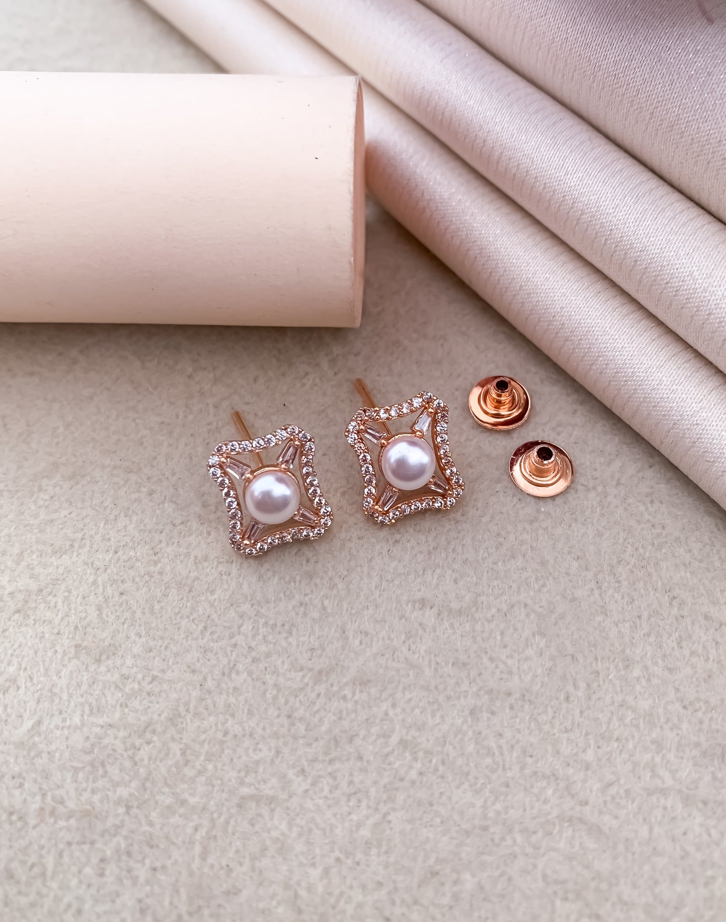 American Diamond Rose Gold And Silver Pearl Tops Earrings