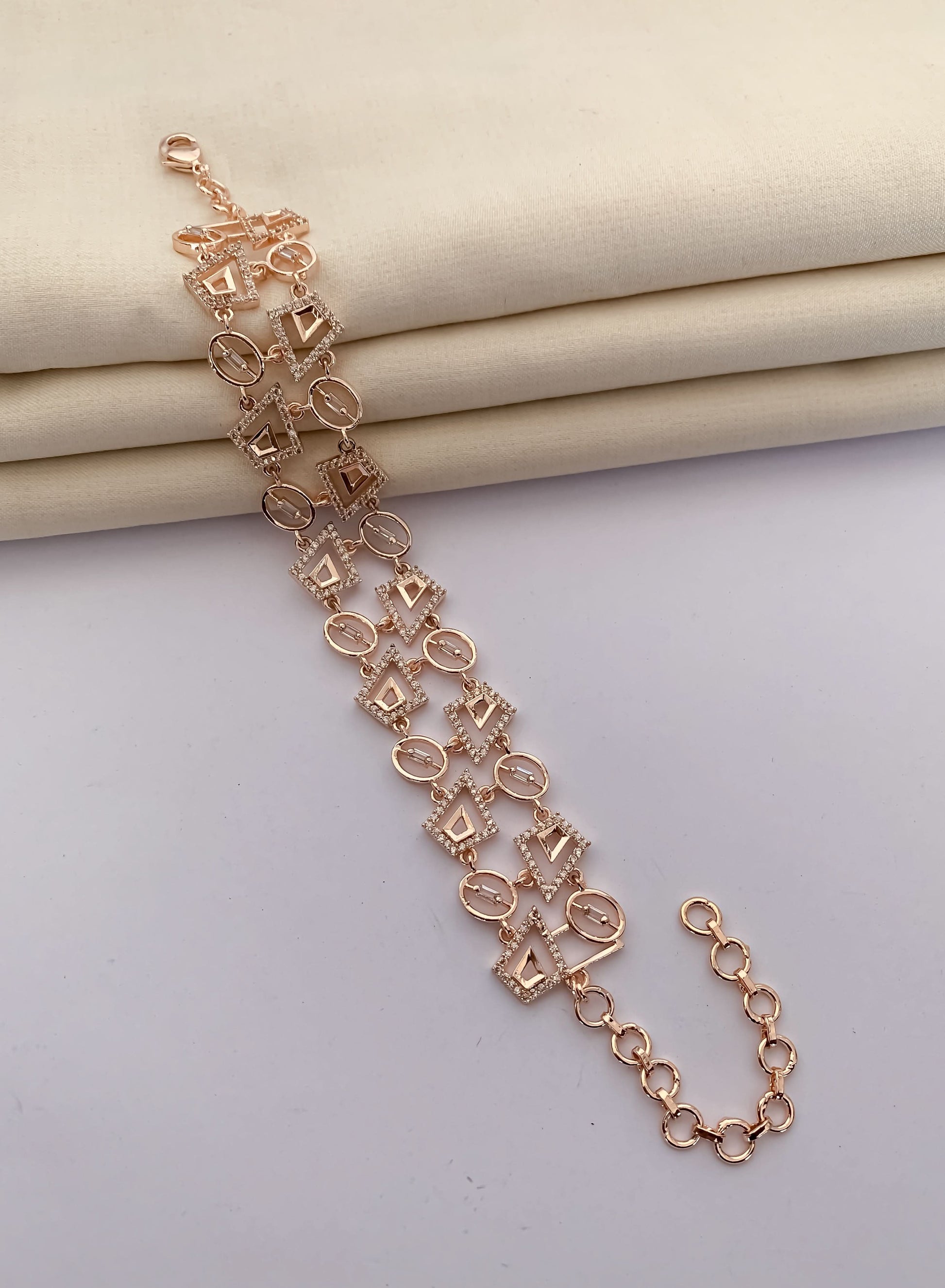 American Diamond Rose Gold Silver And Gold Plated Fancy Chowki Diamond Bracelet - Bracelet - Belleza Jewels