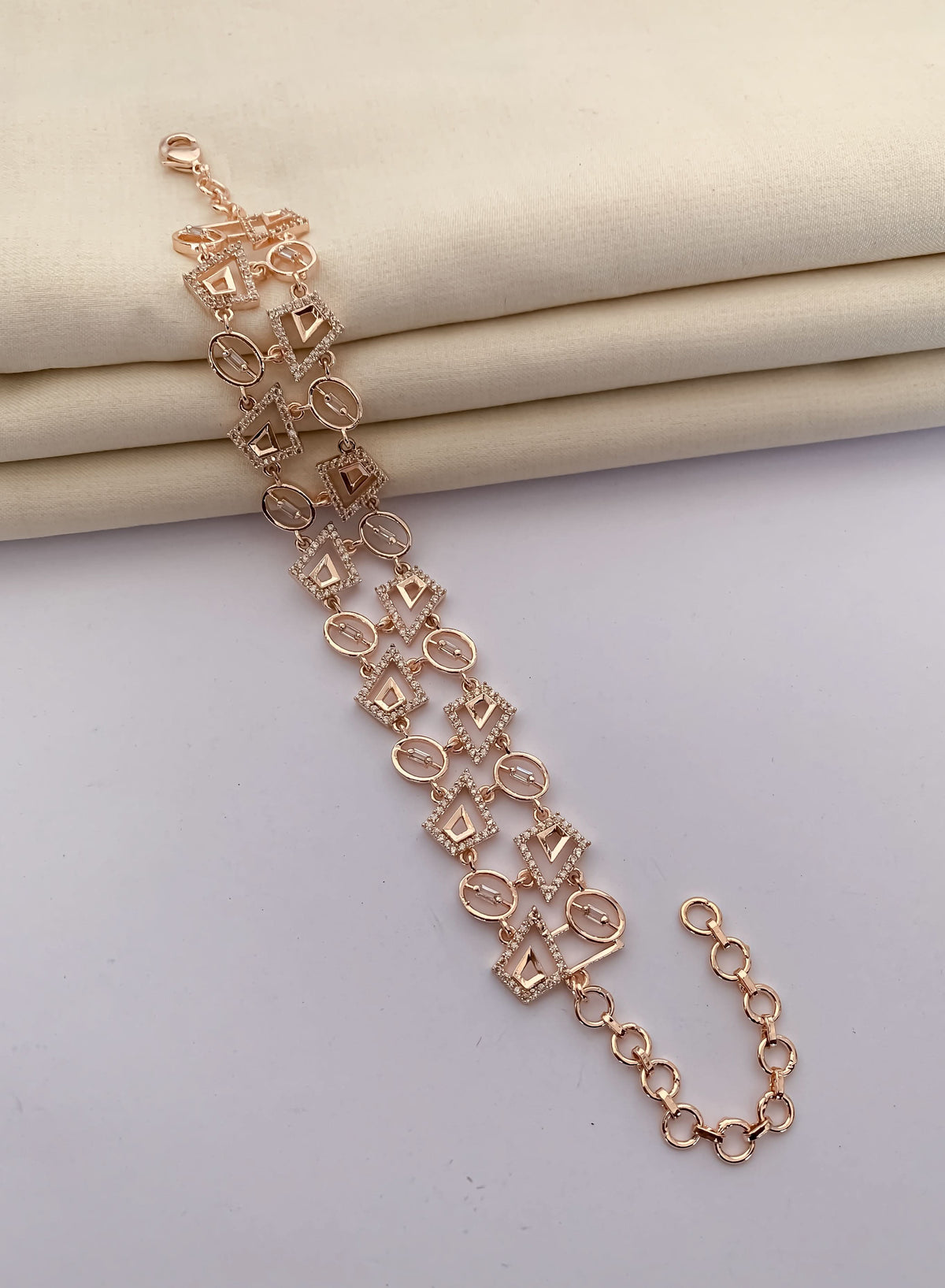American Diamond Rose Gold Silver And Gold Plated Fancy Chowki Diamond Bracelet - Bracelet - Belleza Jewels