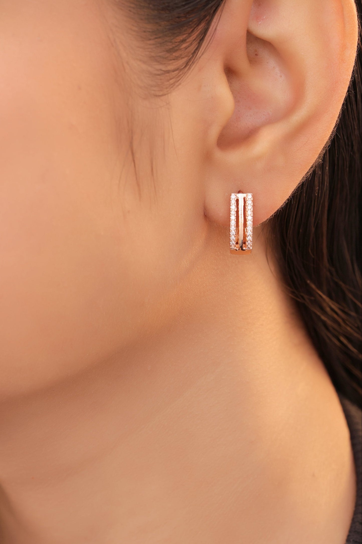 Buy 1 Get 1 Free-American Diamond Nice Design Double Line Diamond Rose Gold Baali Earrings