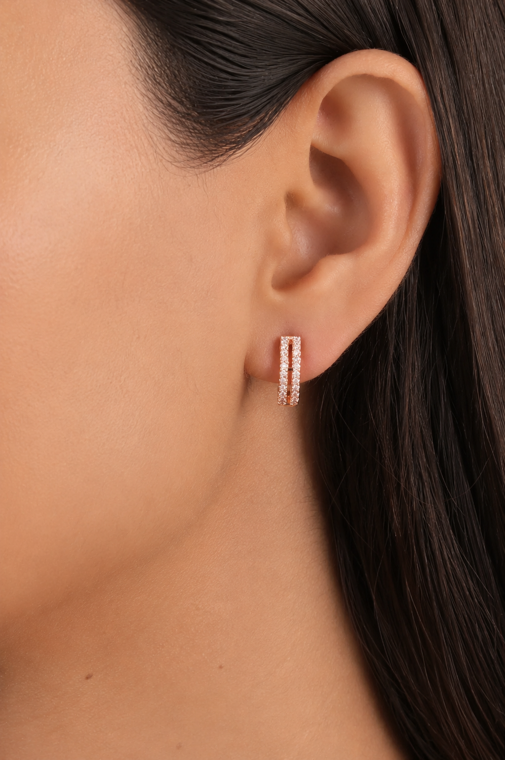American Double Line Diamond Rose Gold Fancy Delicate Earrings Baali