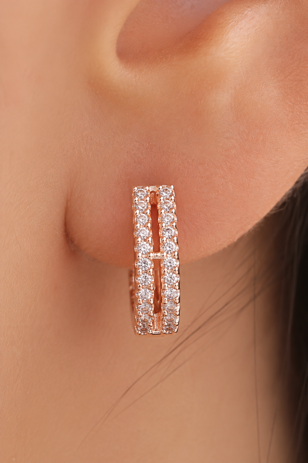 American Double Line Diamond Rose Gold Fancy Delicate Earrings Baali