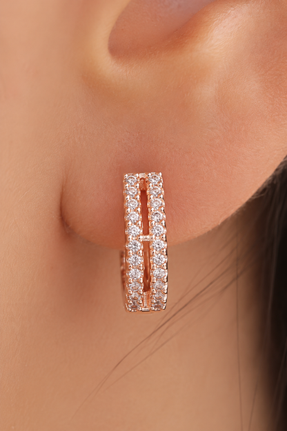 American Double Line Diamond Rose Gold Fancy Delicate Earrings Baali