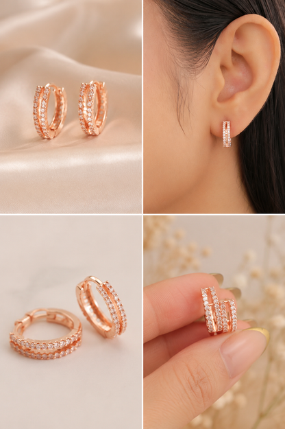 American Double Line Diamond Rose Gold Fancy Delicate Earrings Baali