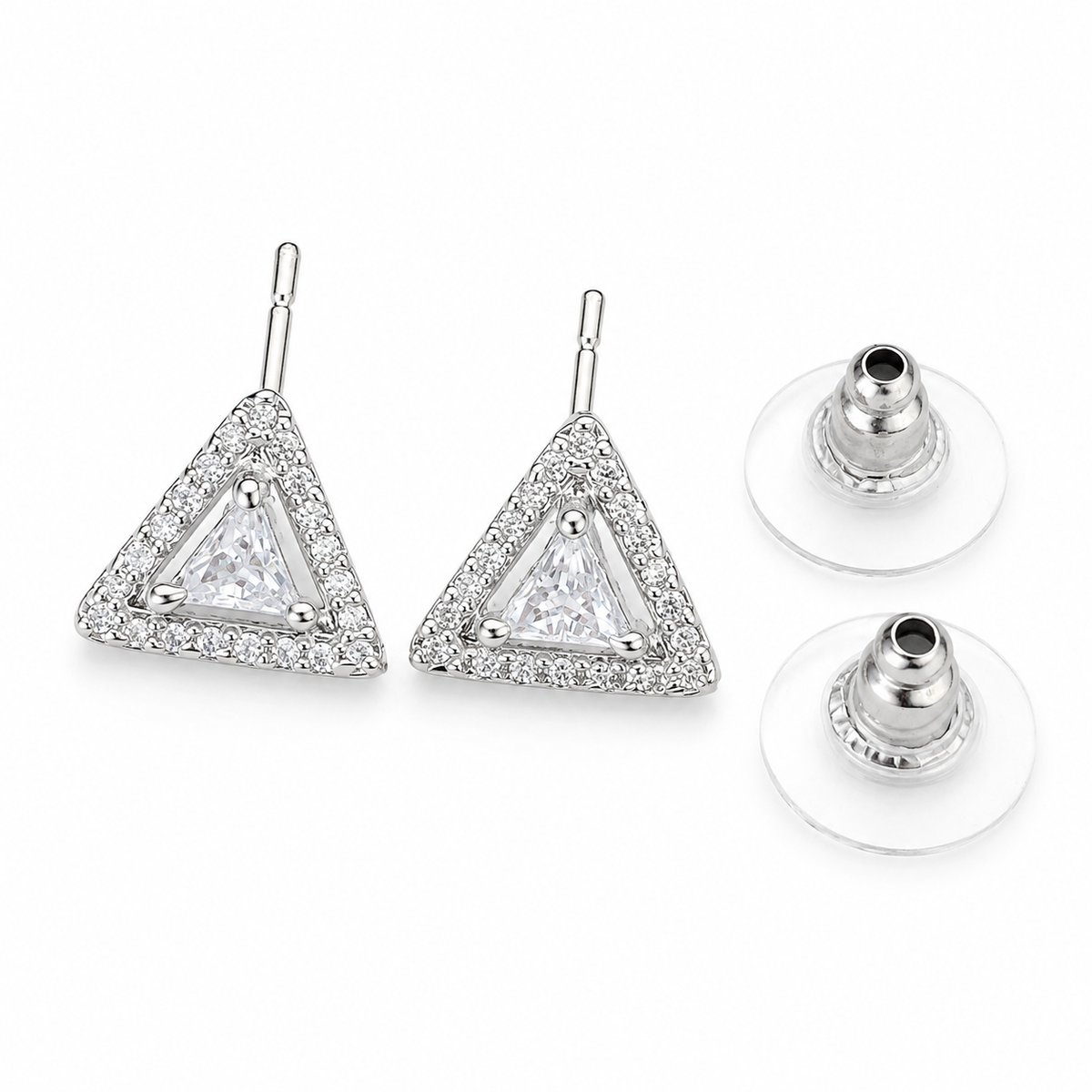 American Diamond silver triangular stud earrings with silicone push backs