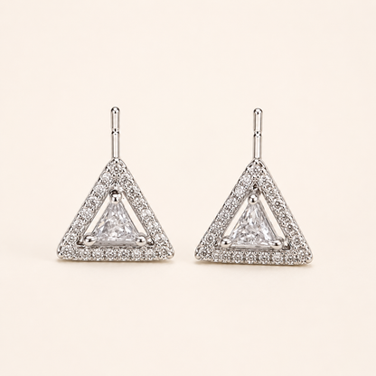 American Diamond silver triangular stud earrings, warm ivory hero view