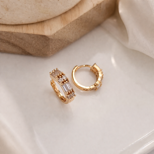 Buy 1 Get 1 Free - Elegant Baguette & Round CZ Gold Hoop Earrings