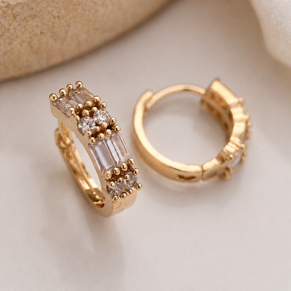 Buy 1 Get 1 Free - Elegant Baguette & Round CZ Gold Hoop Earrings
