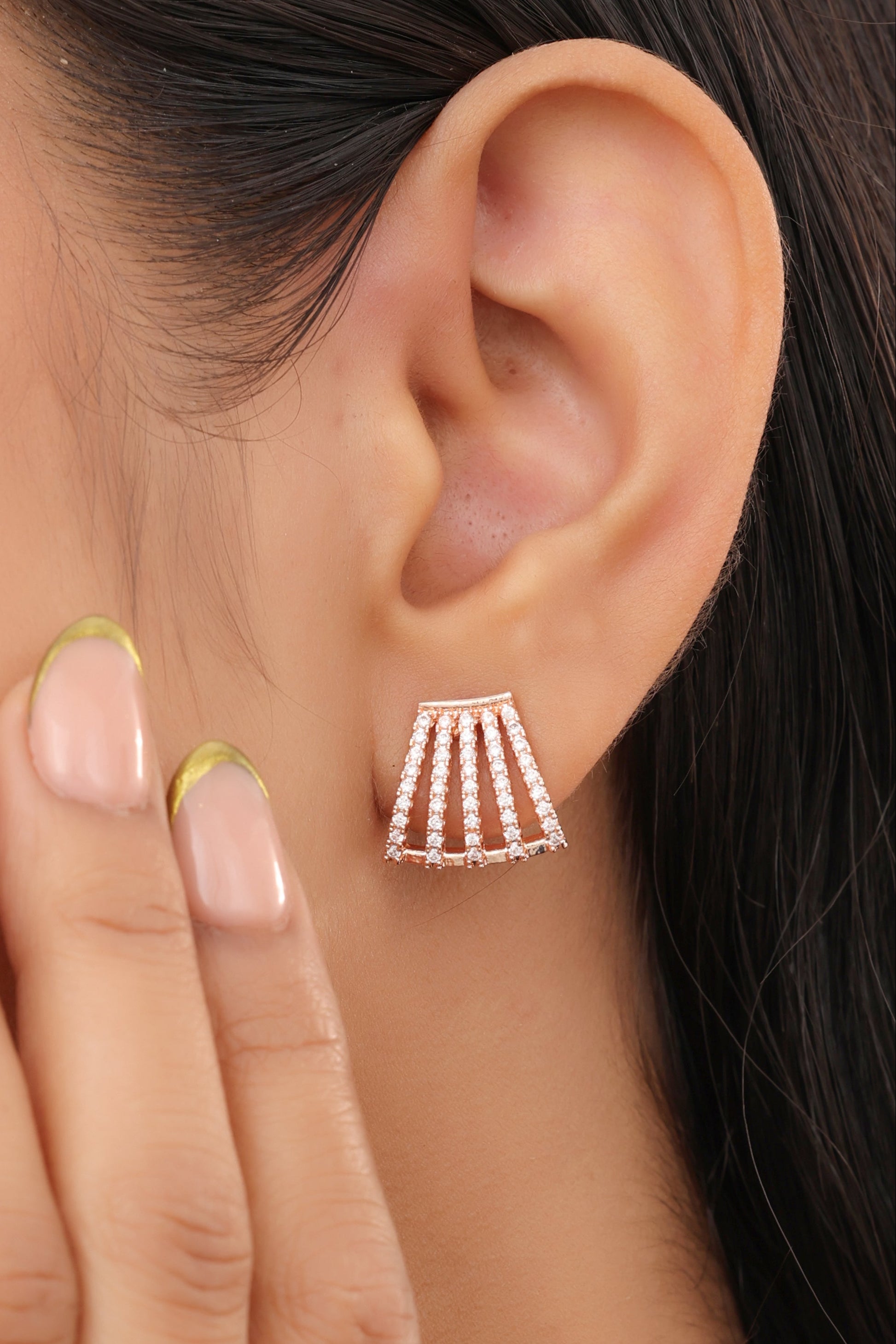 Buy 1 Get 1 Free -American Diamond 5 line Rose Gold Tops Earrings - Tops - Belleza Jewels