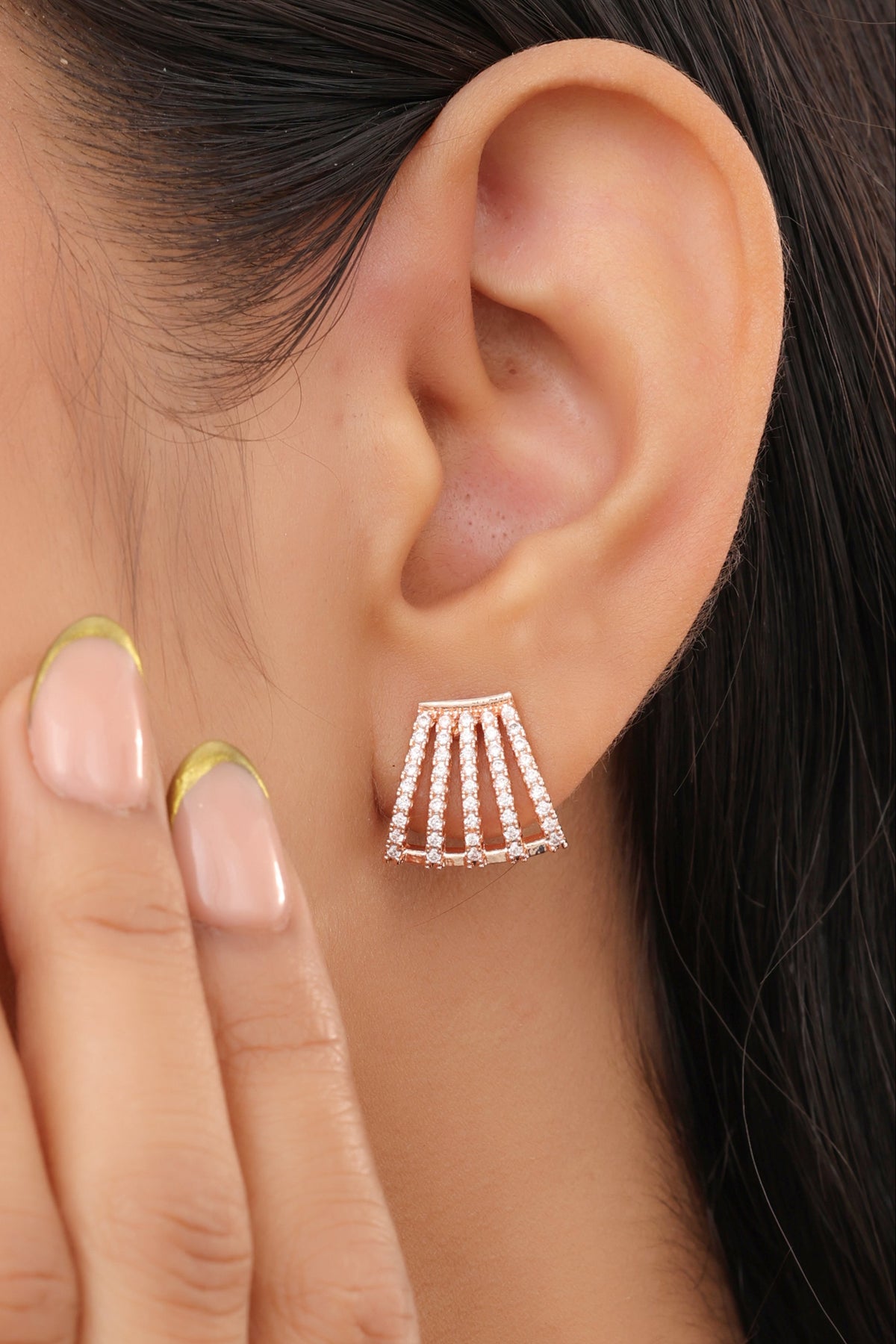 Buy 1 Get 1 Free -American Diamond 5 line Rose Gold Tops Earrings - Tops - Belleza Jewels