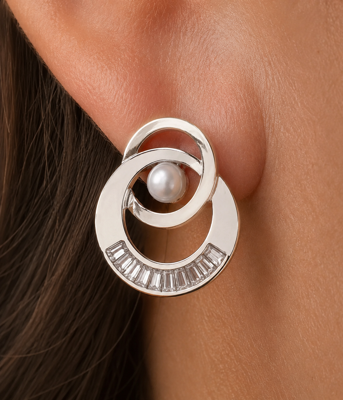 Diamond With Pearl Rose Gold And Silver Earrings Tops