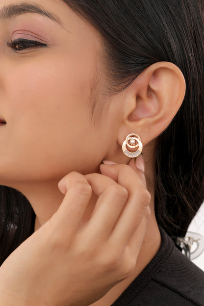 Buy 1 Get 1 Free - Diamond With Pearl Rose Gold And Silver Earrings Tops - Tops - Belleza Jewels