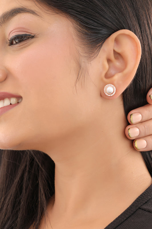 Buy 1 Get 1 Free -American Diamond Rose Gold  White Pearl Round Shape Tops