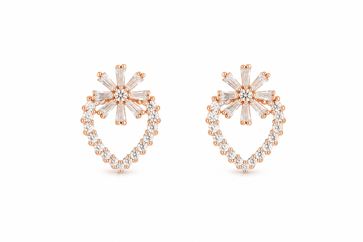 American Diamond rose gold  heart &flower shape Earrings