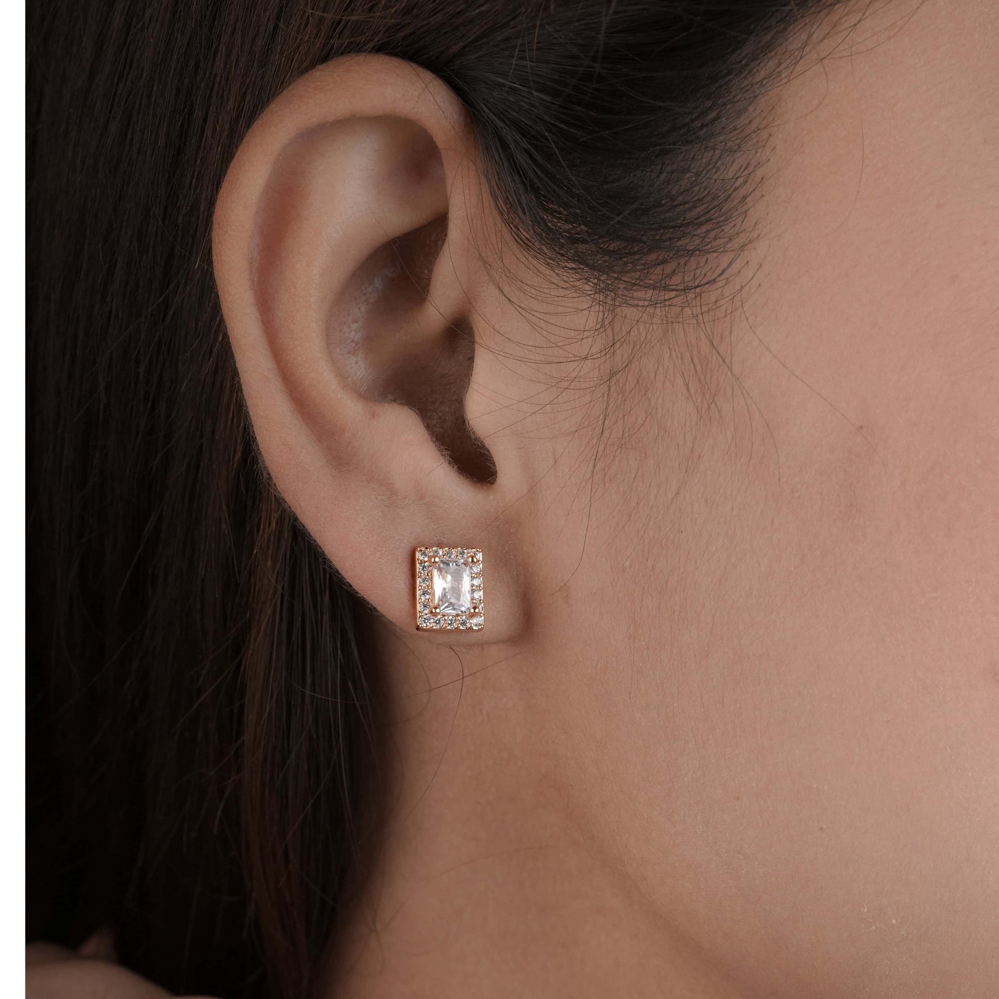 Buy 1 Get 1 Free - Emerald-Cut Diamond Stud Earrings – Rose Gold Finish - Earrings - Belleza Jewels