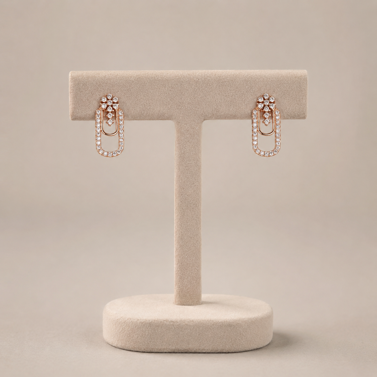 Rose Gold Paperclip American Diamond Drop Earrings | Modern Party & Office Wear