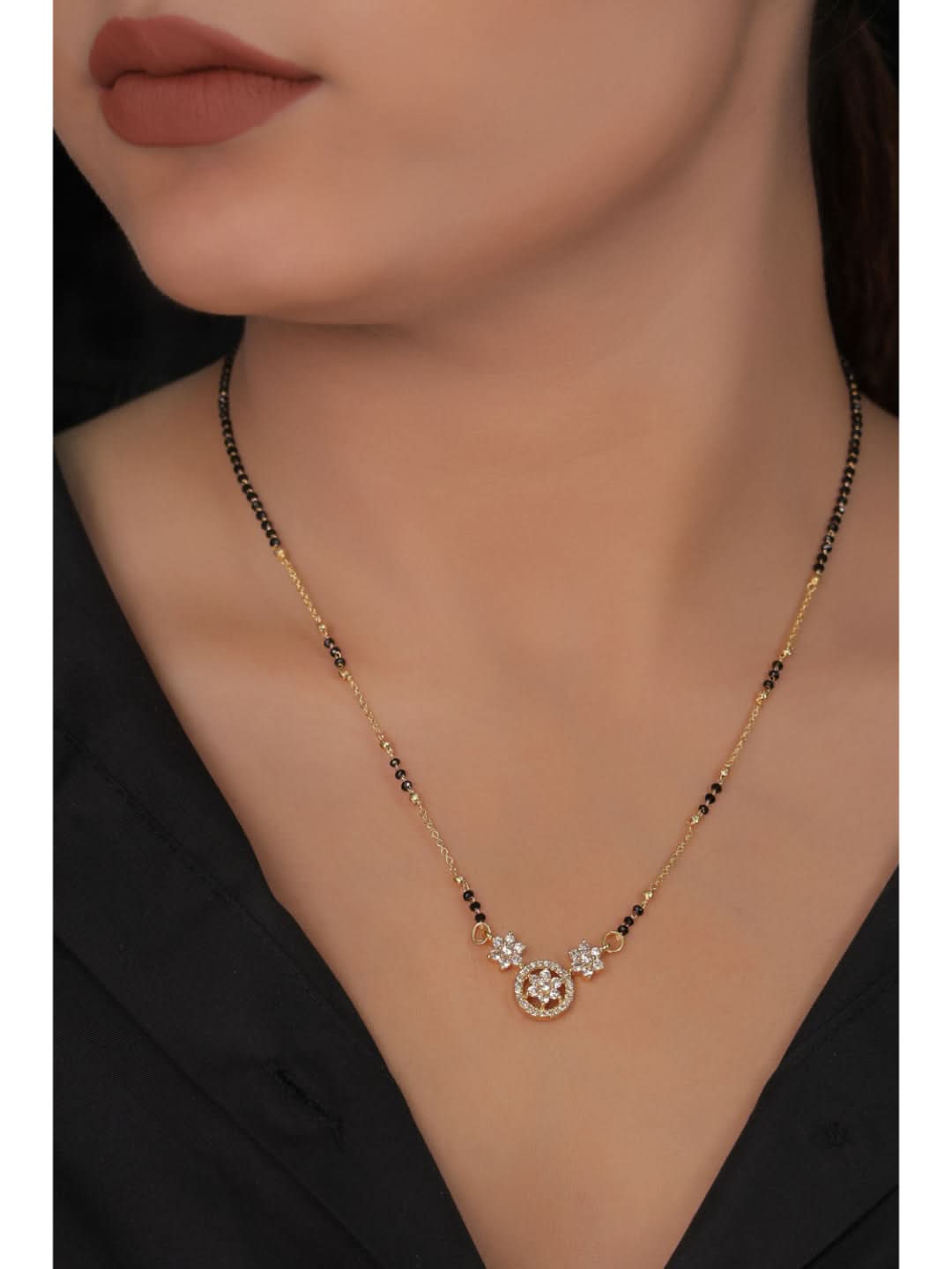 Buy 1 Get 1 Free - Floral CZ Circle Pendant Mangalsutra with Black Beads - Mangalsutra - Belleza Jewels